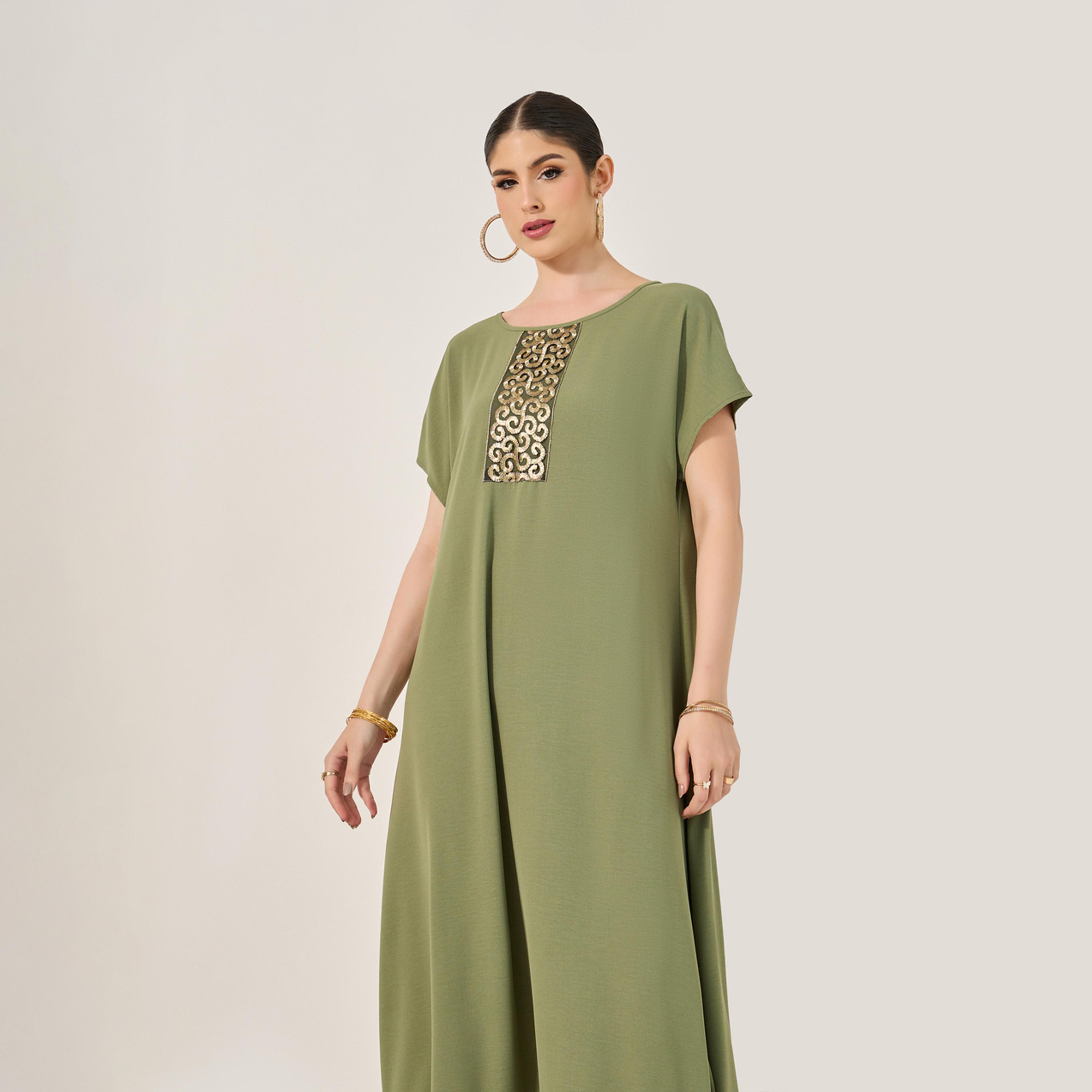 ستايلي - جلابية مزينة بالترتر ورقبة دائرية بقصة A-women-arabicclothing-jalabiyas-image-3