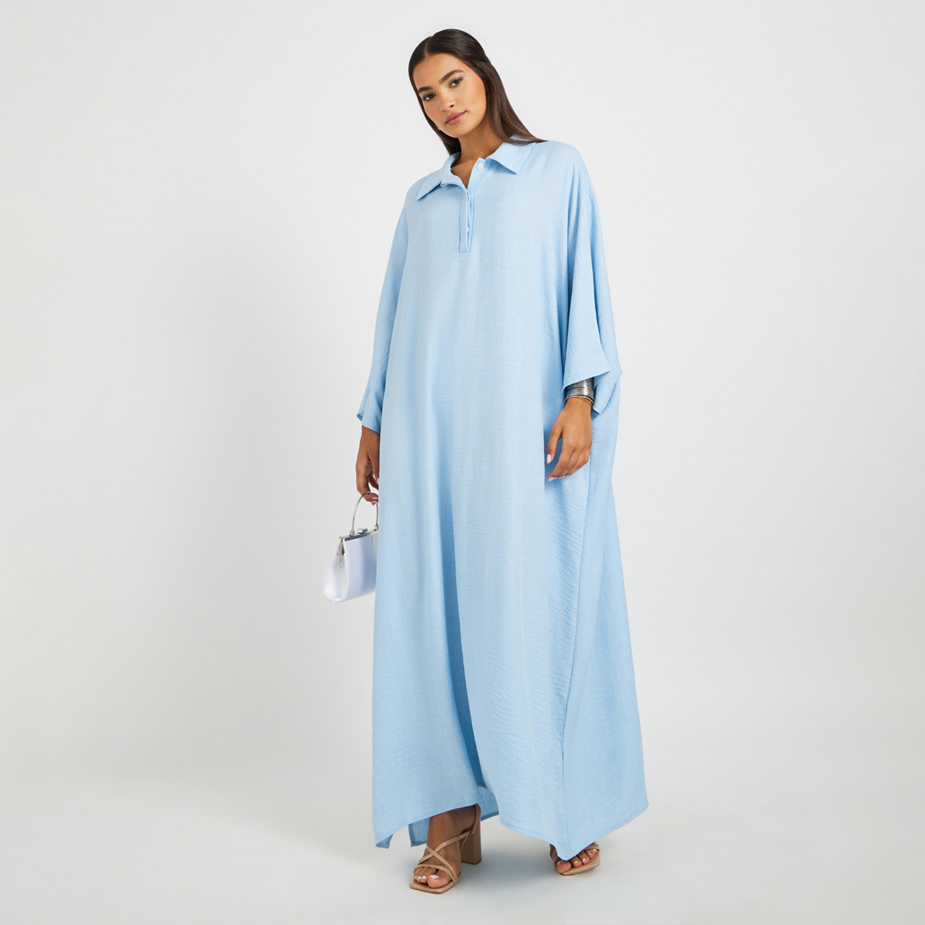 Amirah X Styli Plain Collared Half-Button Front Kaftan-women-arabicclothing-kaftan-image-1