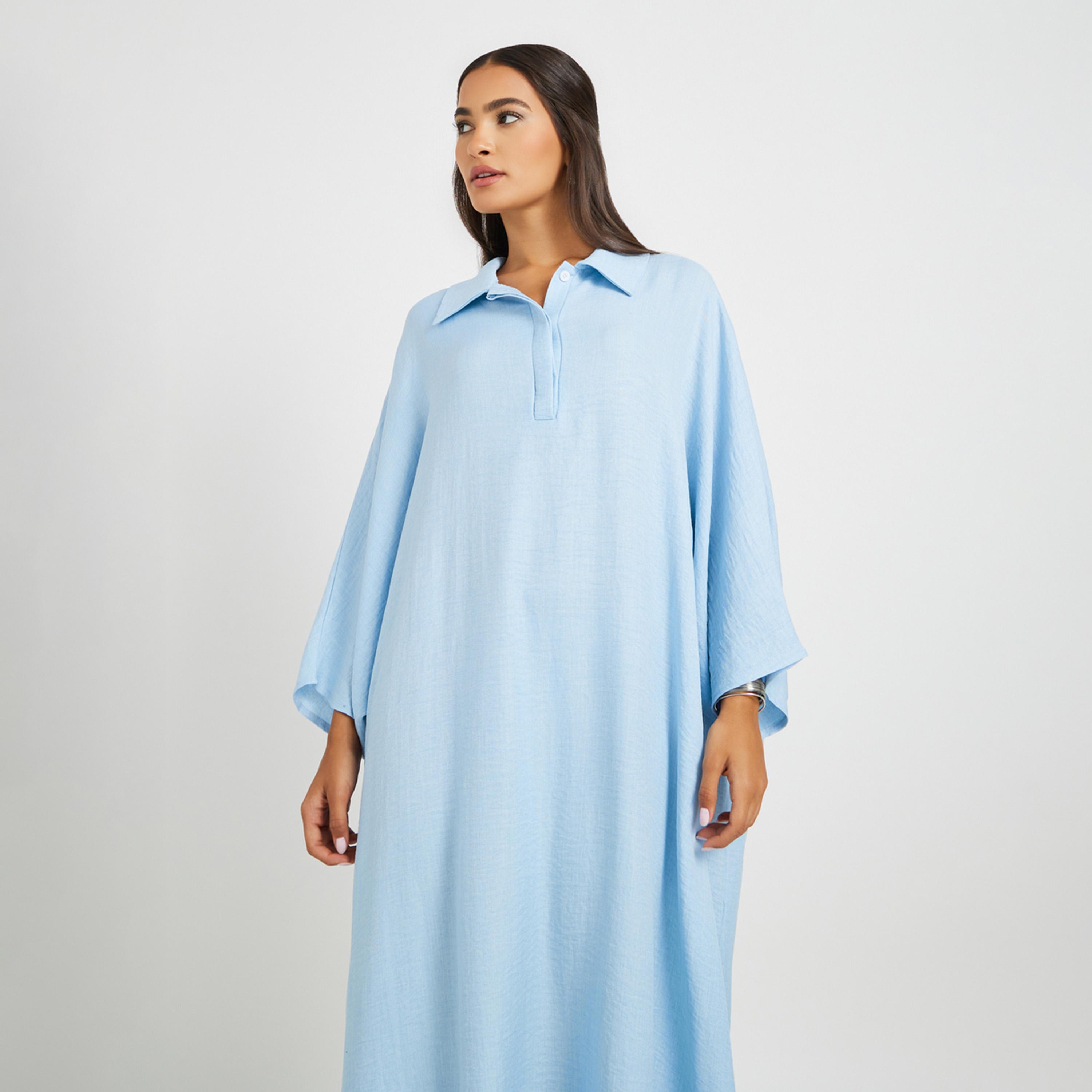Amirah X Styli Plain Collared Half-Button Front Kaftan-women-arabicclothing-kaftan-image-3
