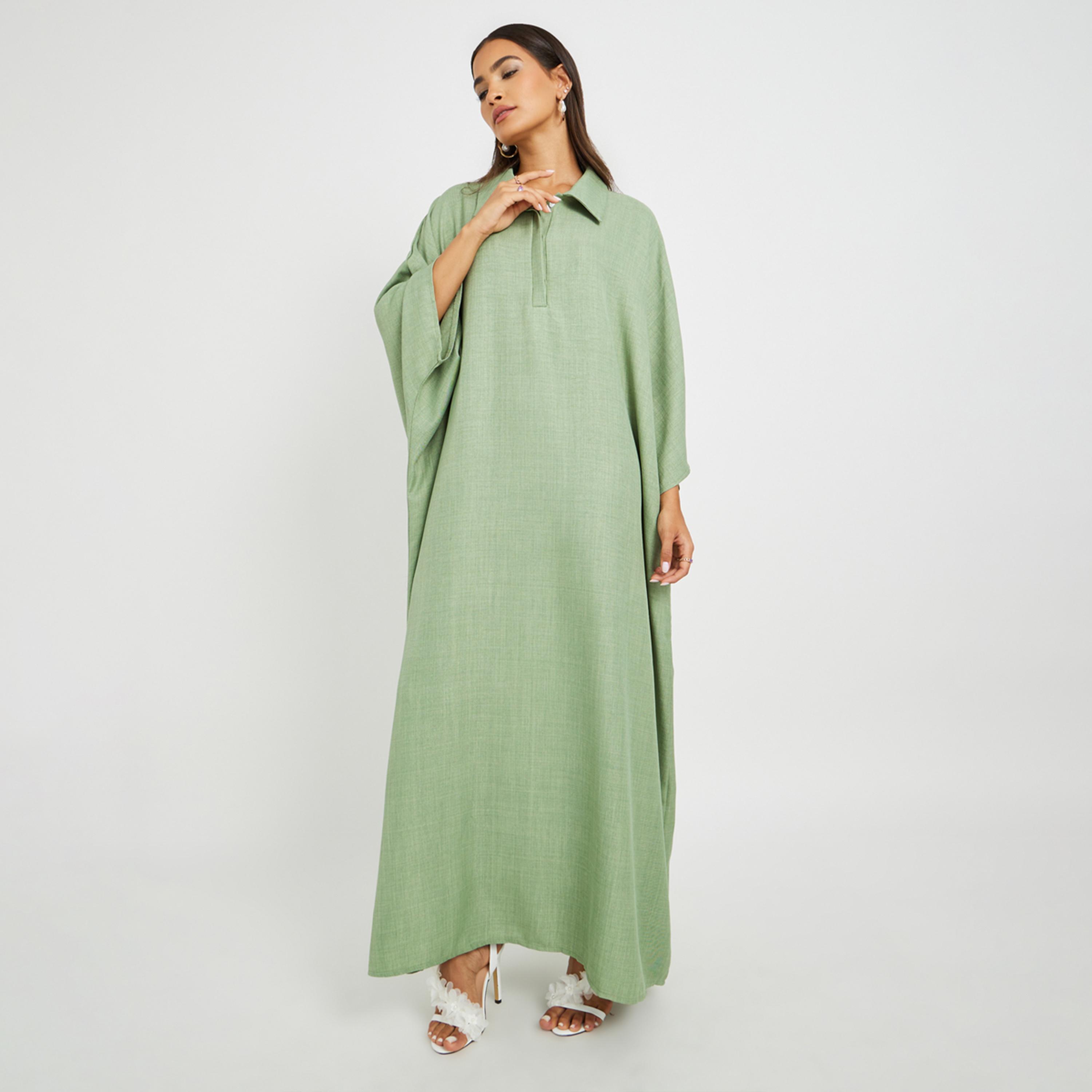 Amirah X Styli Plain Collared Half-Button Front Kaftan-women-arabicclothing-kaftan-image-1