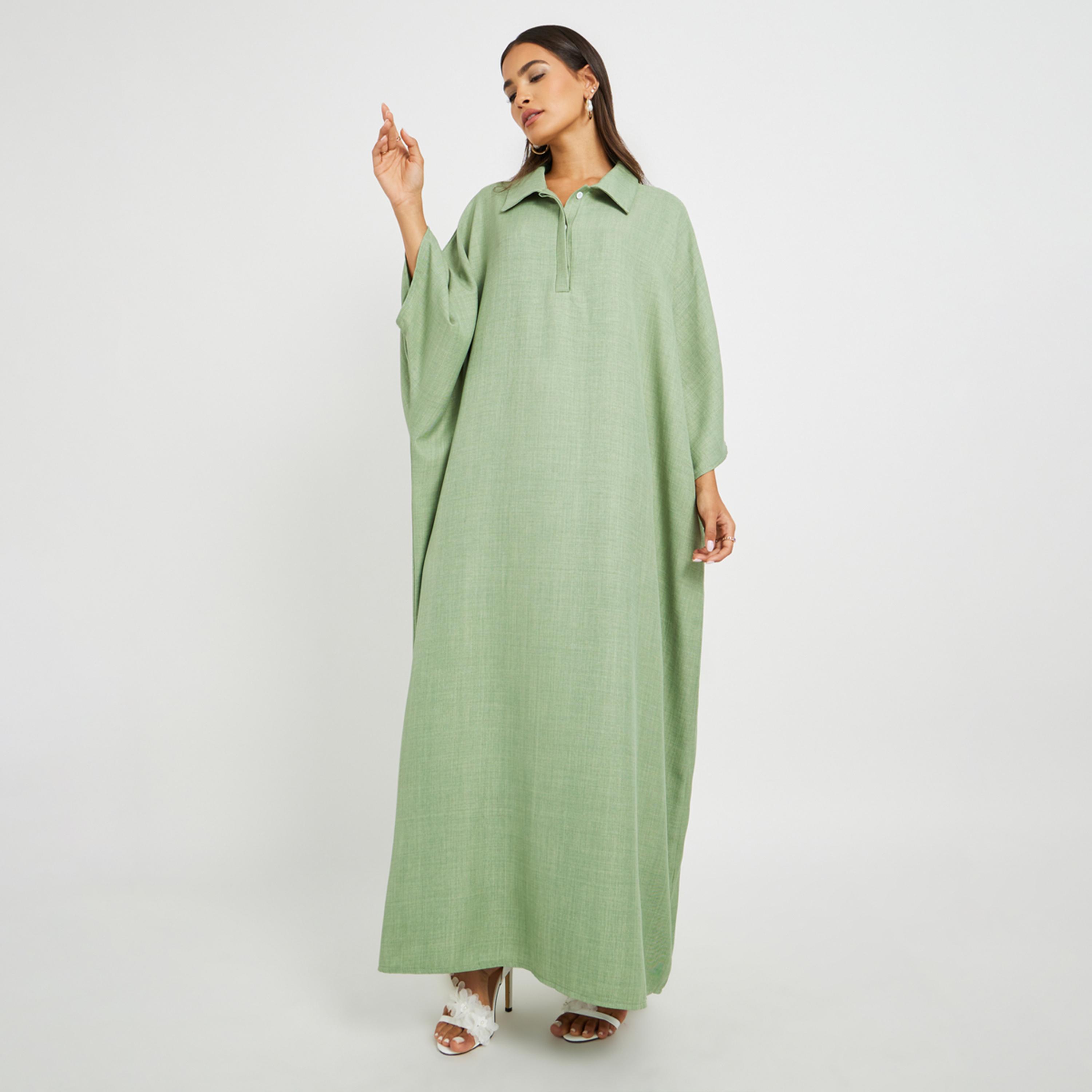 Amirah X Styli Plain Collared Half-Button Front Kaftan-women-arabicclothing-kaftan-image-2