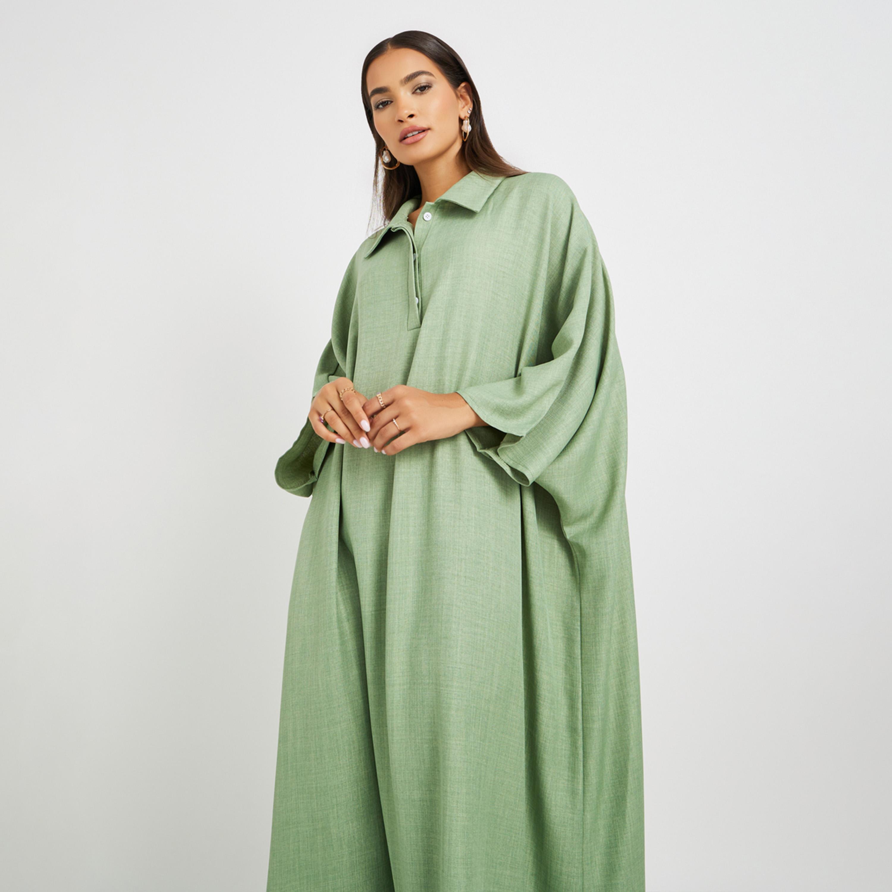 Amirah X Styli Plain Collared Half-Button Front Kaftan-women-arabicclothing-kaftan-image-3