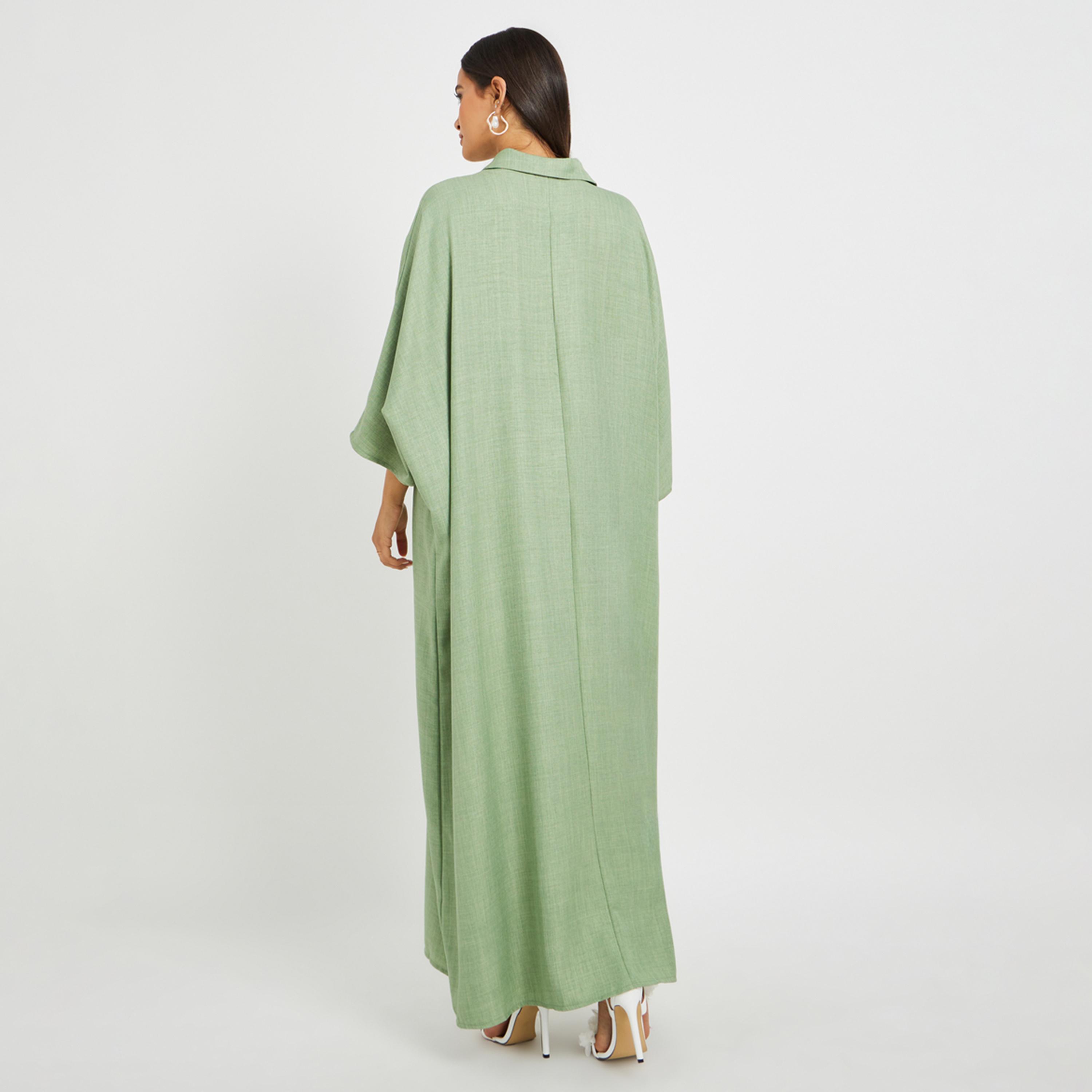 Amirah X Styli Plain Collared Half-Button Front Kaftan-women-arabicclothing-kaftan-image-5