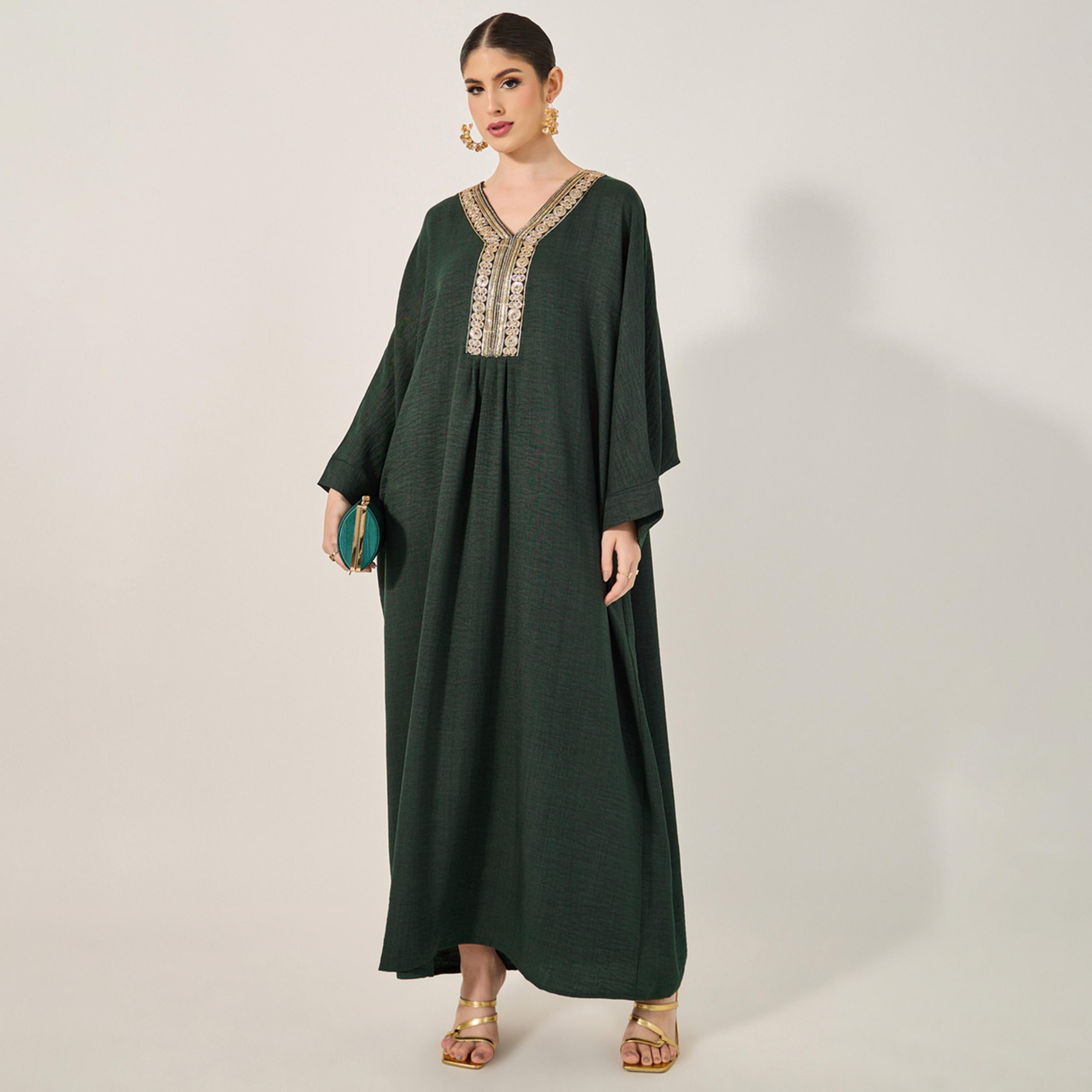 Amirah X Styli Embroidered Batwing Sleeve V-Neck Kaftan-women-arabicclothing-kaftan-image-1