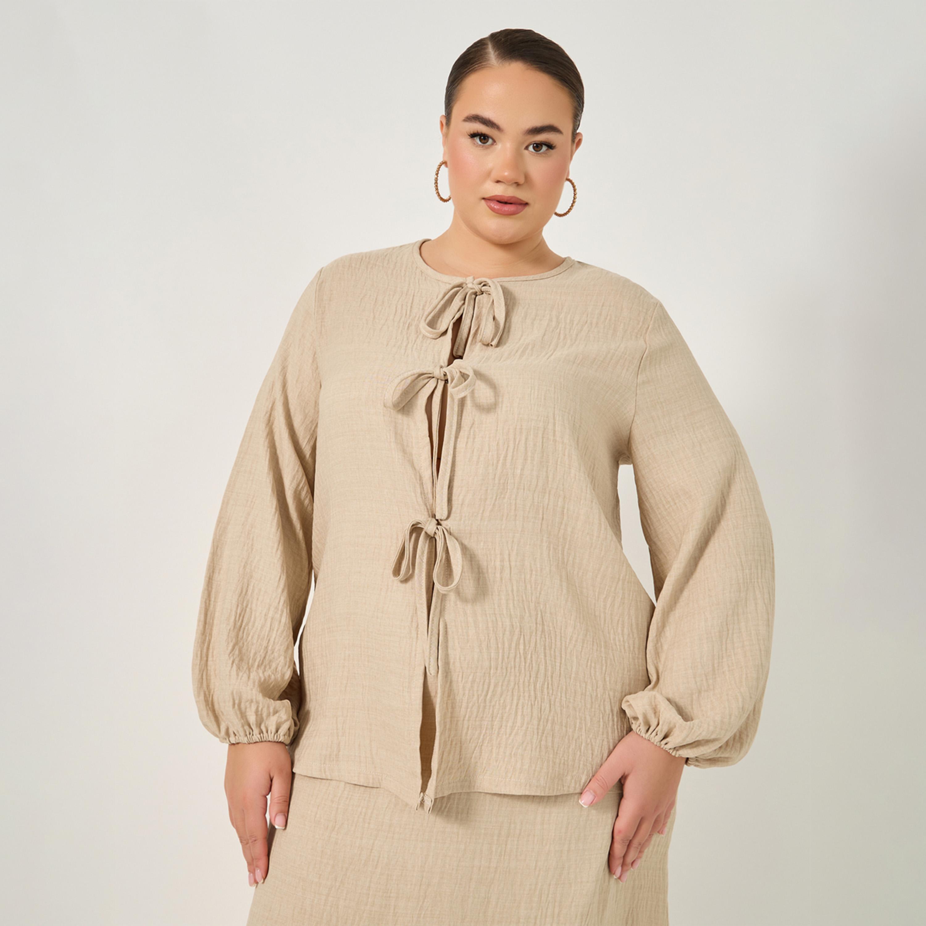 Styli Plus Size Textured Balloon Sleeve Blouse with Bow Tie-Up Detail-women-clothing-shirtsandblouses-blouses-image-1