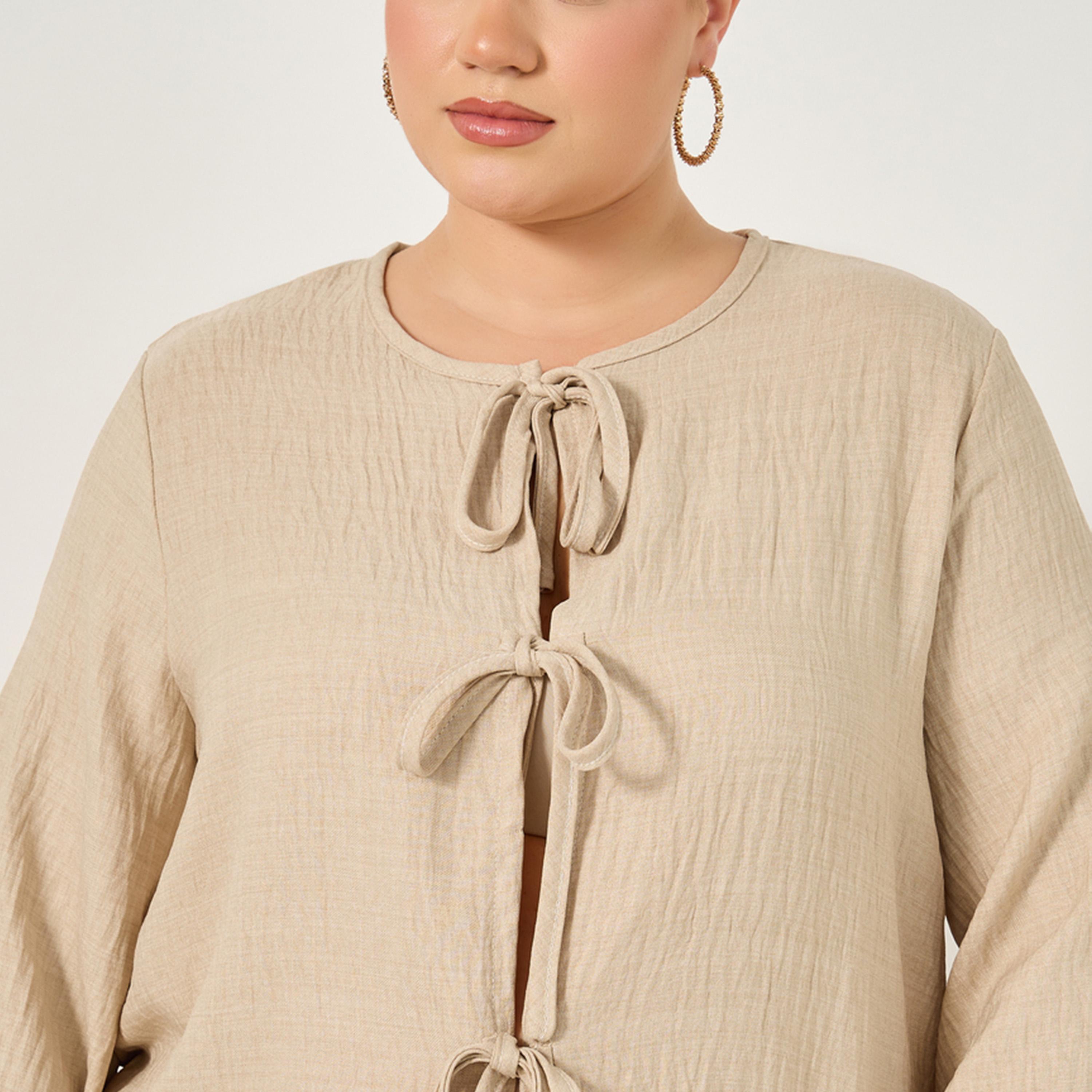 Styli Plus Size Textured Balloon Sleeve Blouse with Bow Tie-Up Detail-women-clothing-shirtsandblouses-blouses-image-3