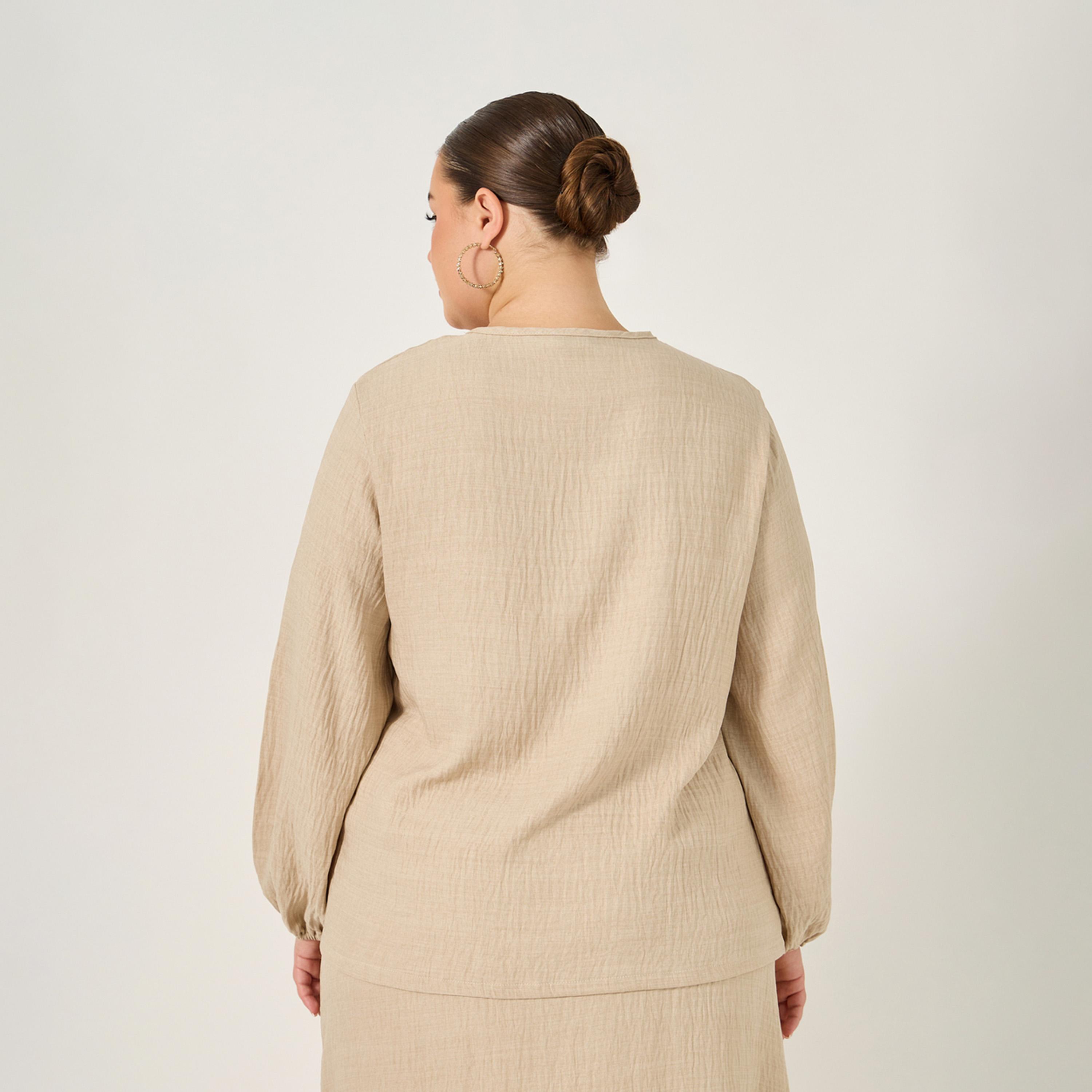 Styli Plus Size Textured Balloon Sleeve Blouse with Bow Tie-Up Detail-women-clothing-shirtsandblouses-blouses-image-5