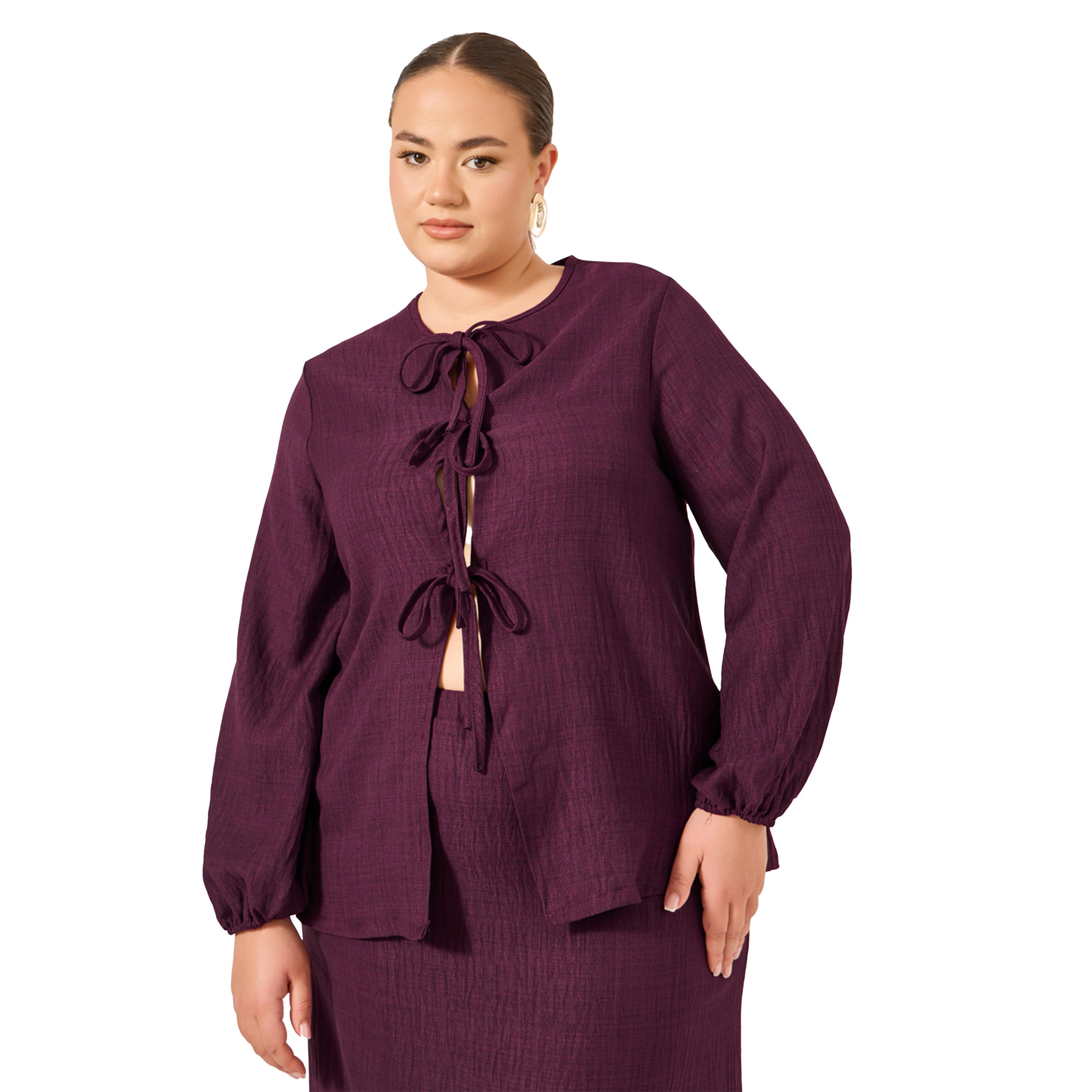 ستايلي - بلوزة بأكمام منفوخة ومنسوجة مقاس كبير مع تفاصيل ربط-women-clothing-shirtsandblouses-blouses-image-1