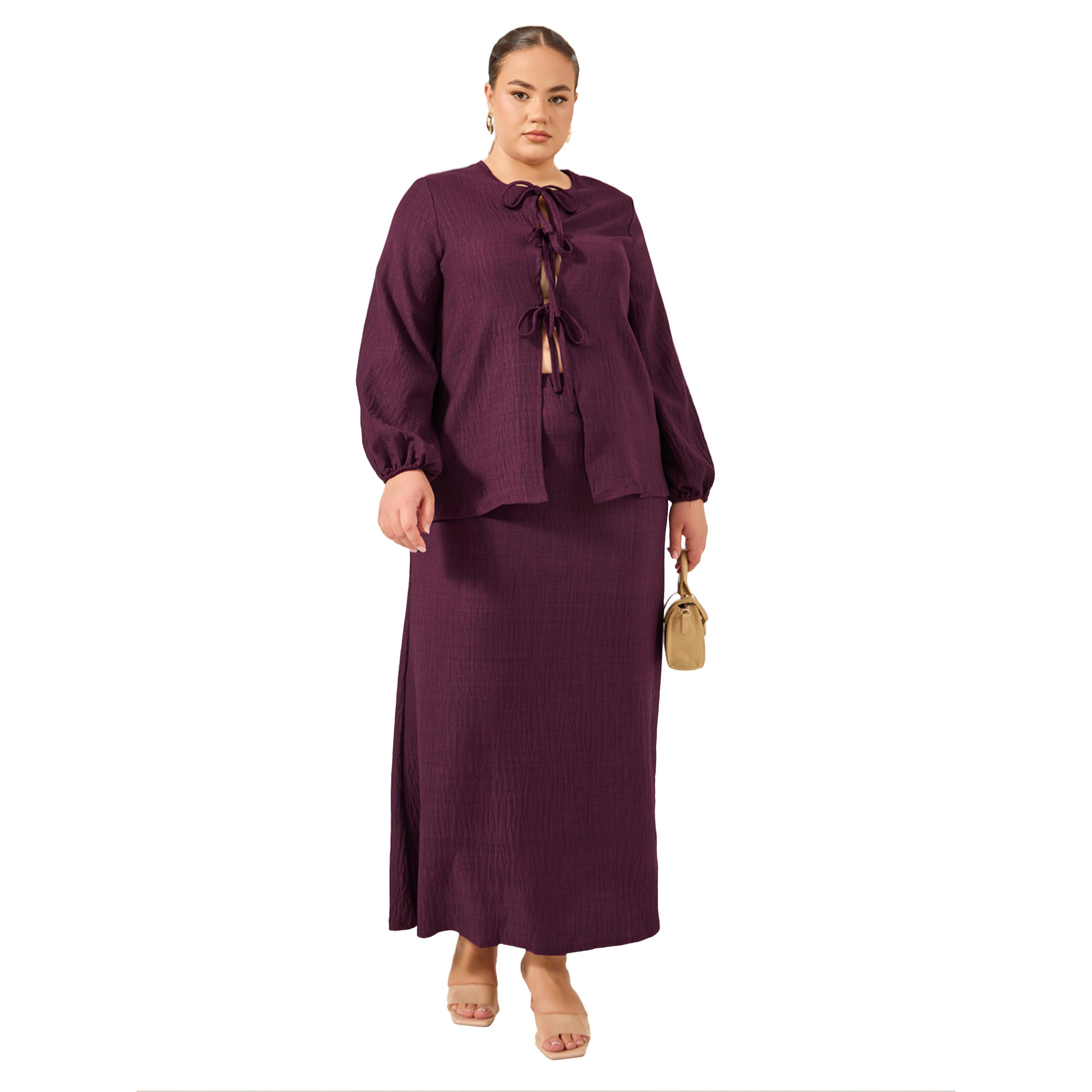 ستايلي - بلوزة بأكمام منفوخة ومنسوجة مقاس كبير مع تفاصيل ربط-women-clothing-shirtsandblouses-blouses-image-2