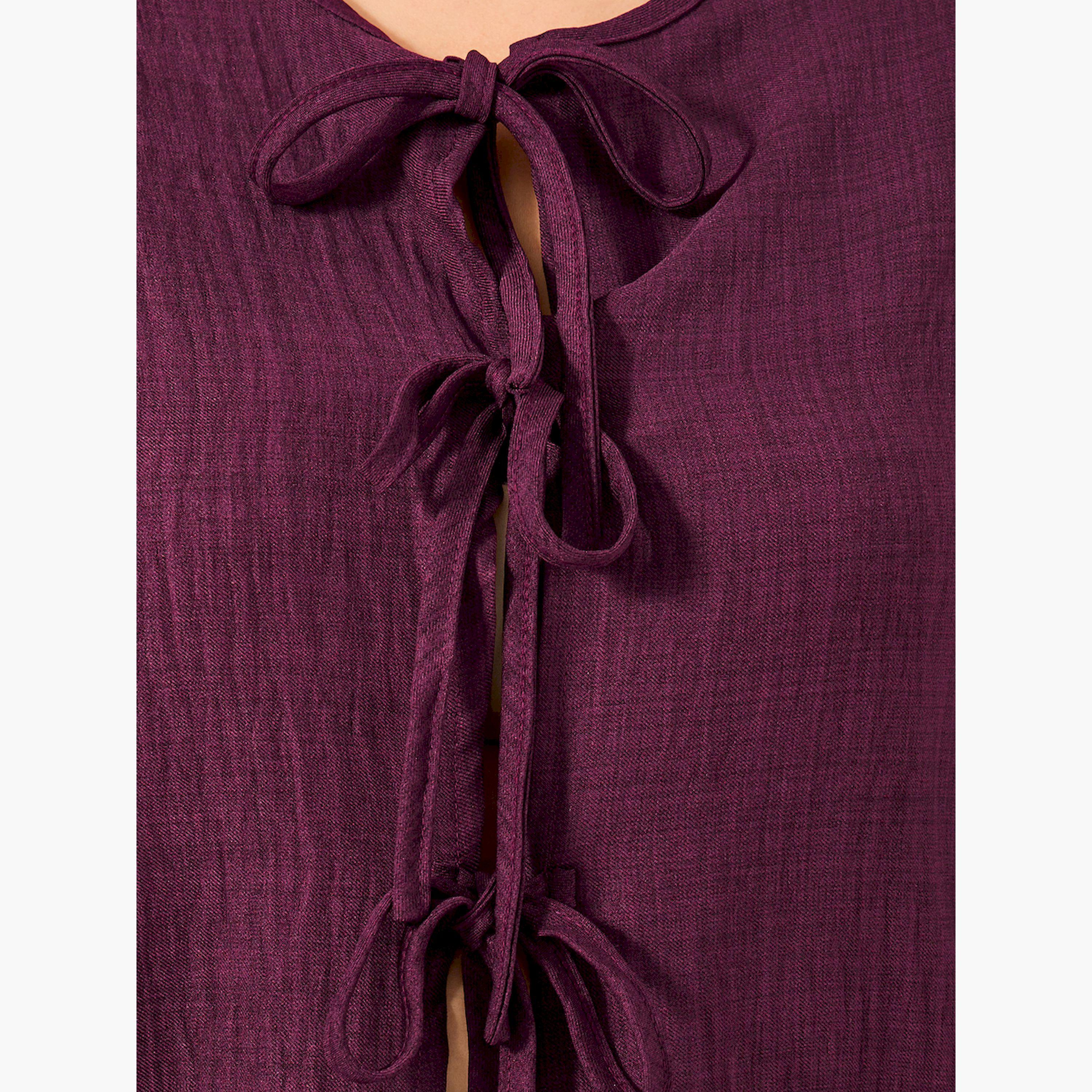 ستايلي - بلوزة بأكمام منفوخة ومنسوجة مقاس كبير مع تفاصيل ربط-women-clothing-shirtsandblouses-blouses-image-3
