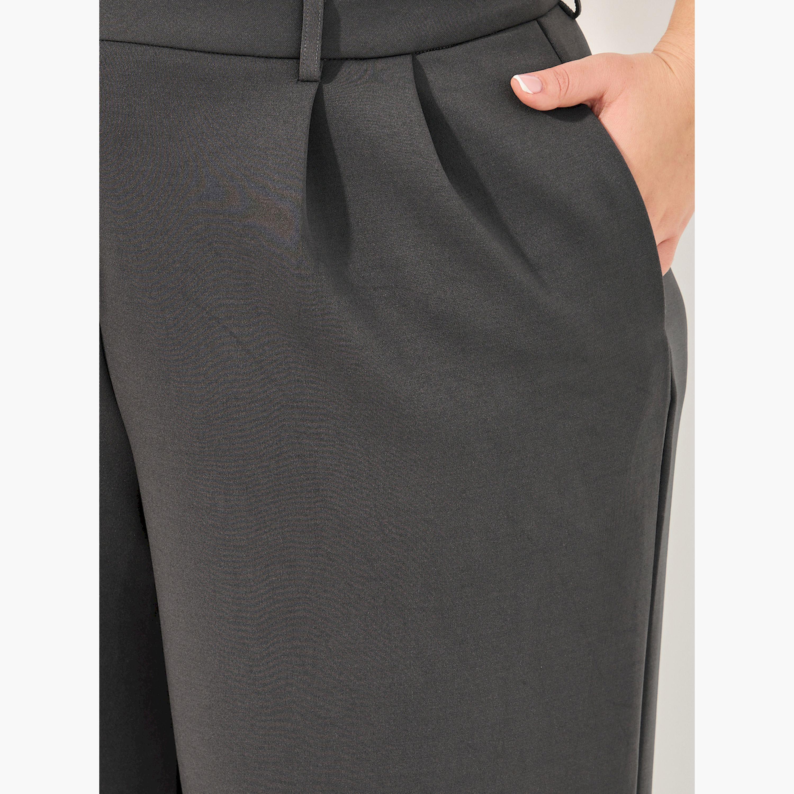 ستايلي -  بنطال سادة ساق واسعة مُفصل-women-clothing-bottoms-trousers-image-3