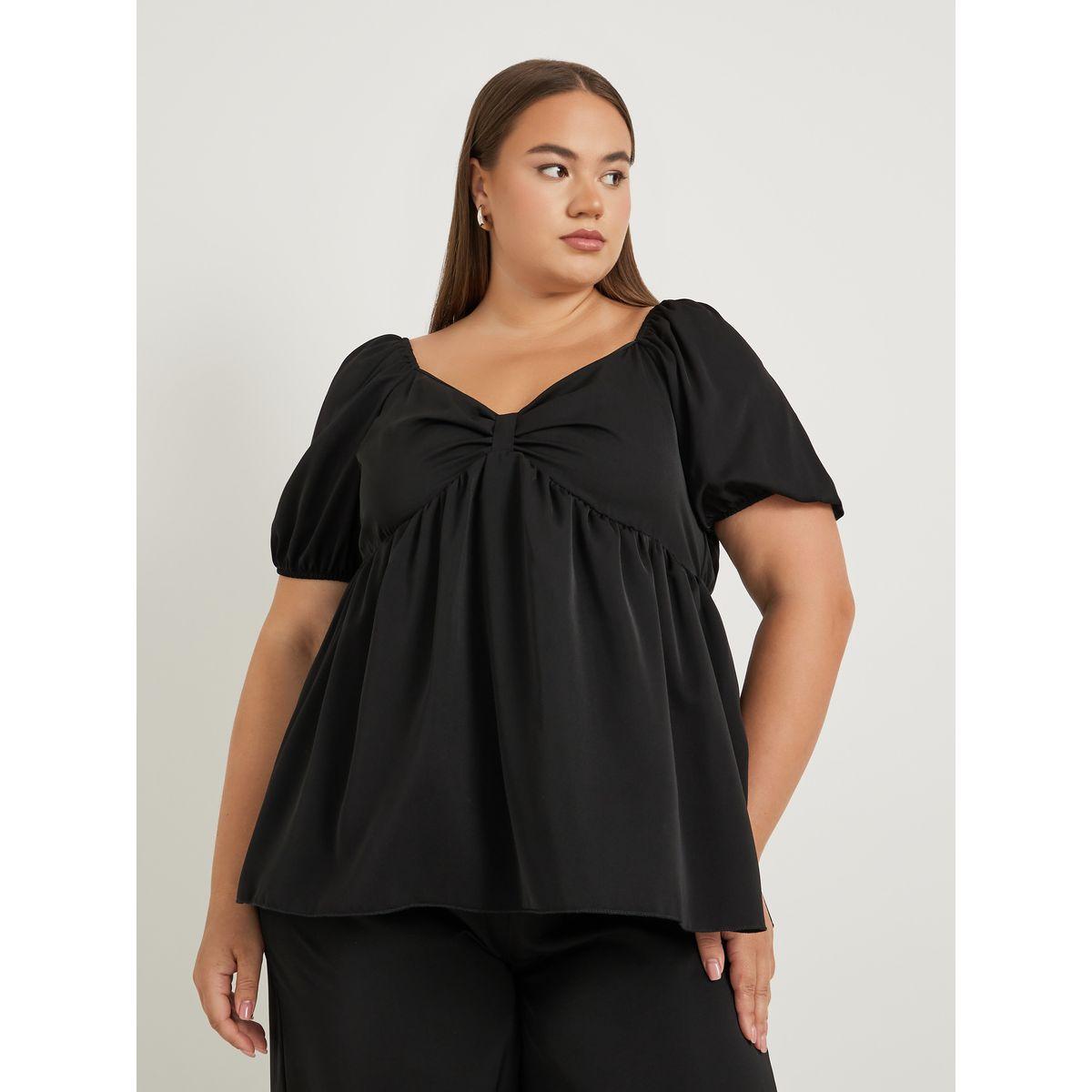 Styli Plus Size Solid Puff Sleeves Twist Front Top-women-clothing-shirtsandblouses-blouses-image-1