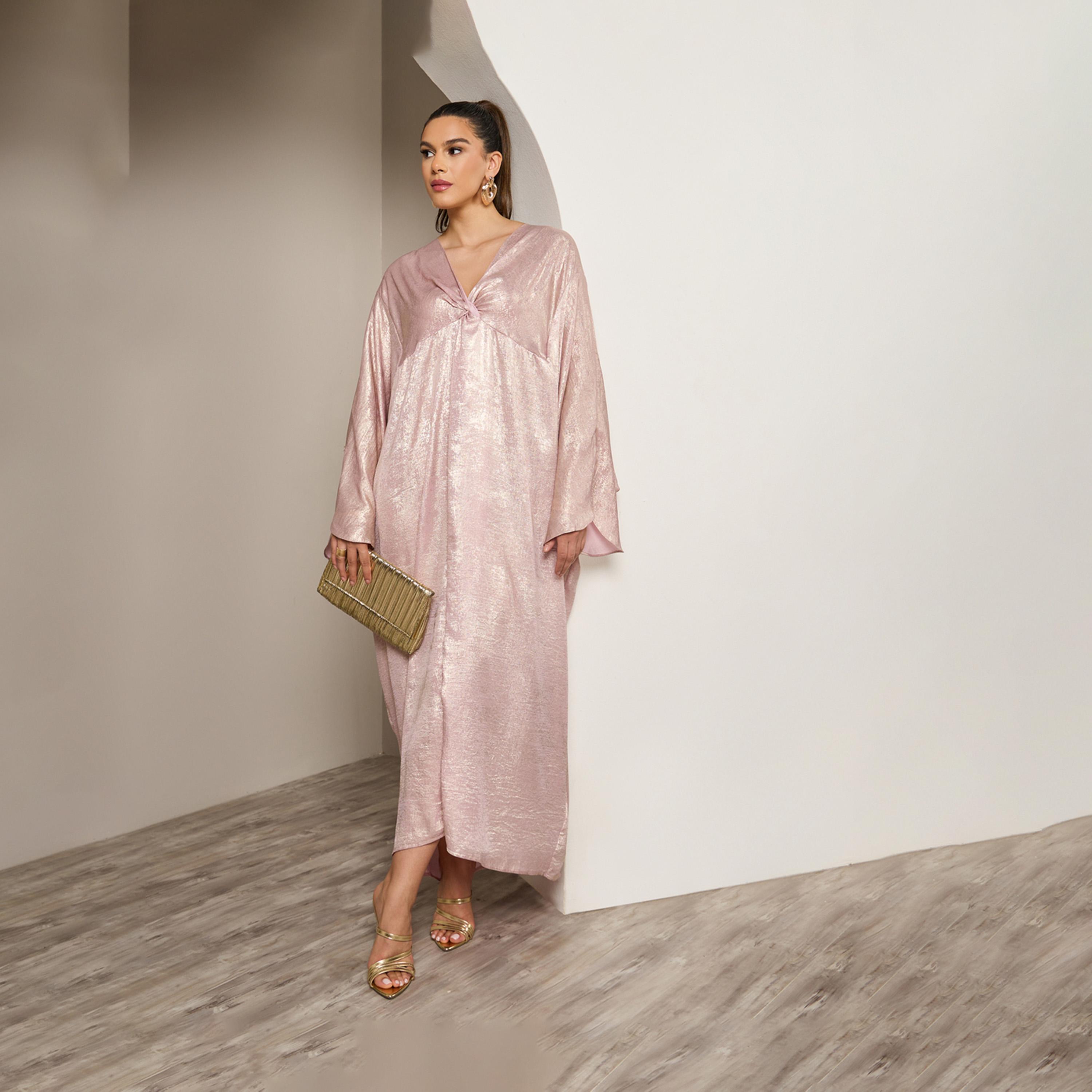 Styli Textured Shiny V-Neck Batwing Sleeve Kaftan-women-arabicclothing-kaftan-image-1