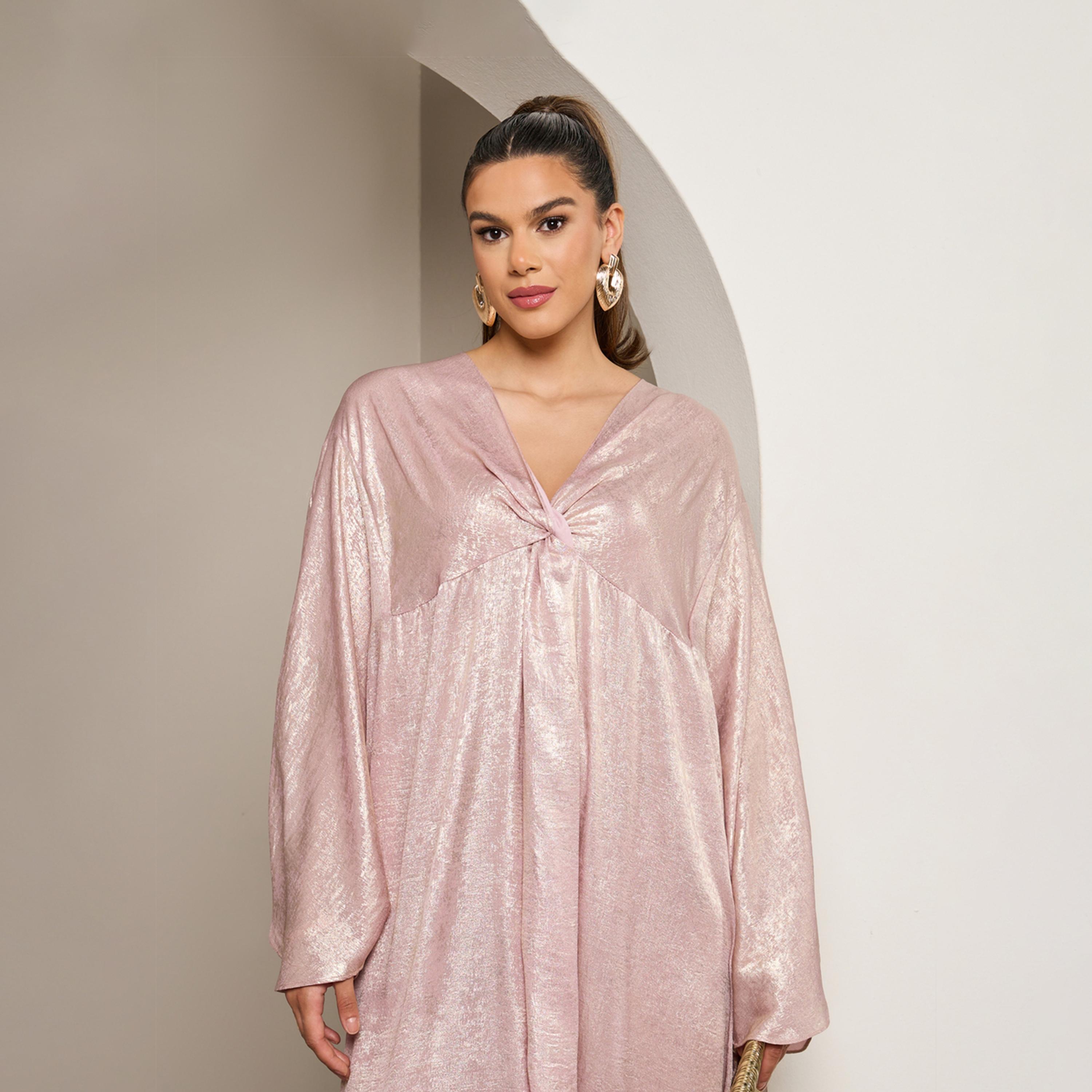 ستايلي - قفطان لامع برقبة على شكل V وأكمام جناح الخفاش-women-arabicclothing-kaftan-image-3