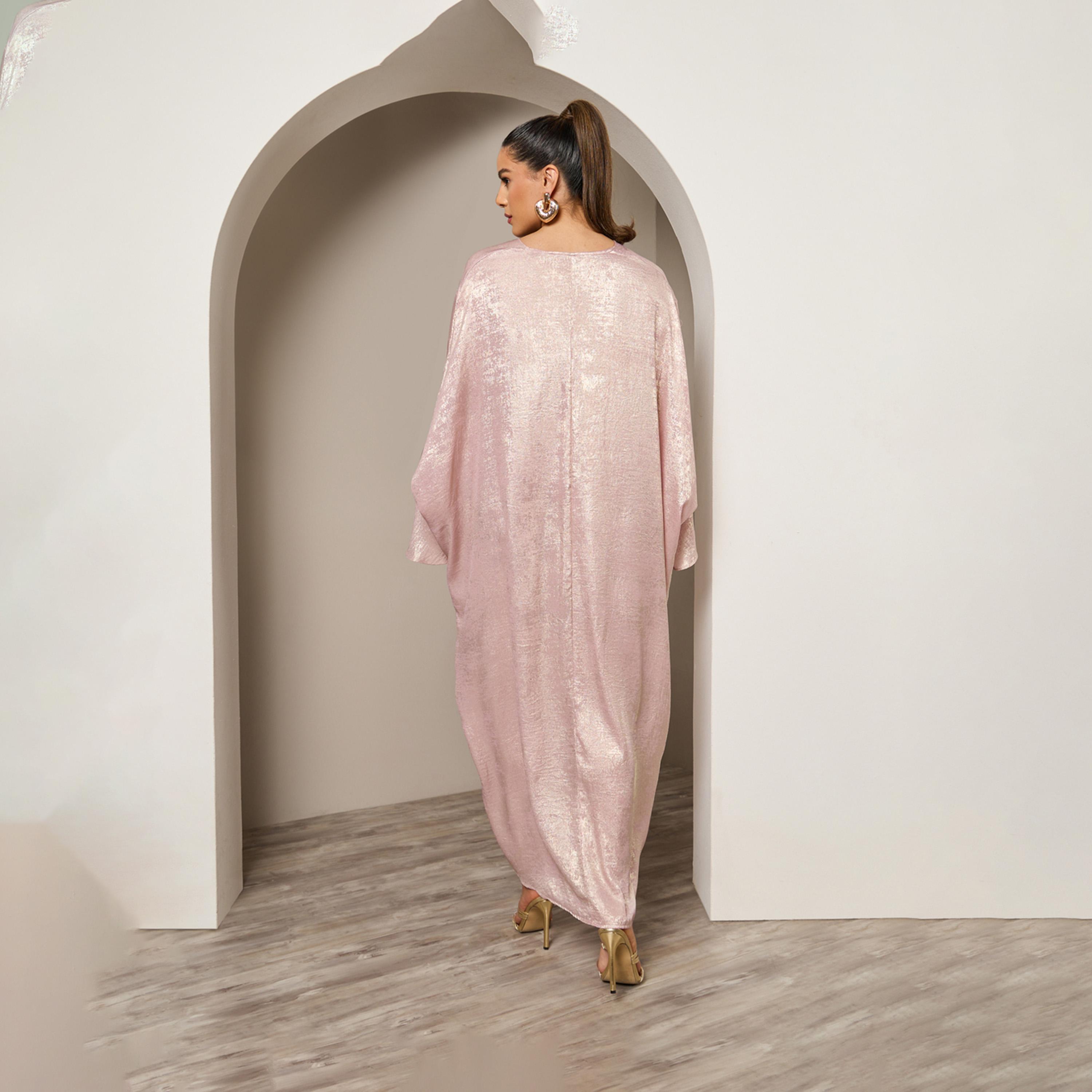Styli Textured Shiny V-Neck Batwing Sleeve Kaftan-women-arabicclothing-kaftan-image-5
