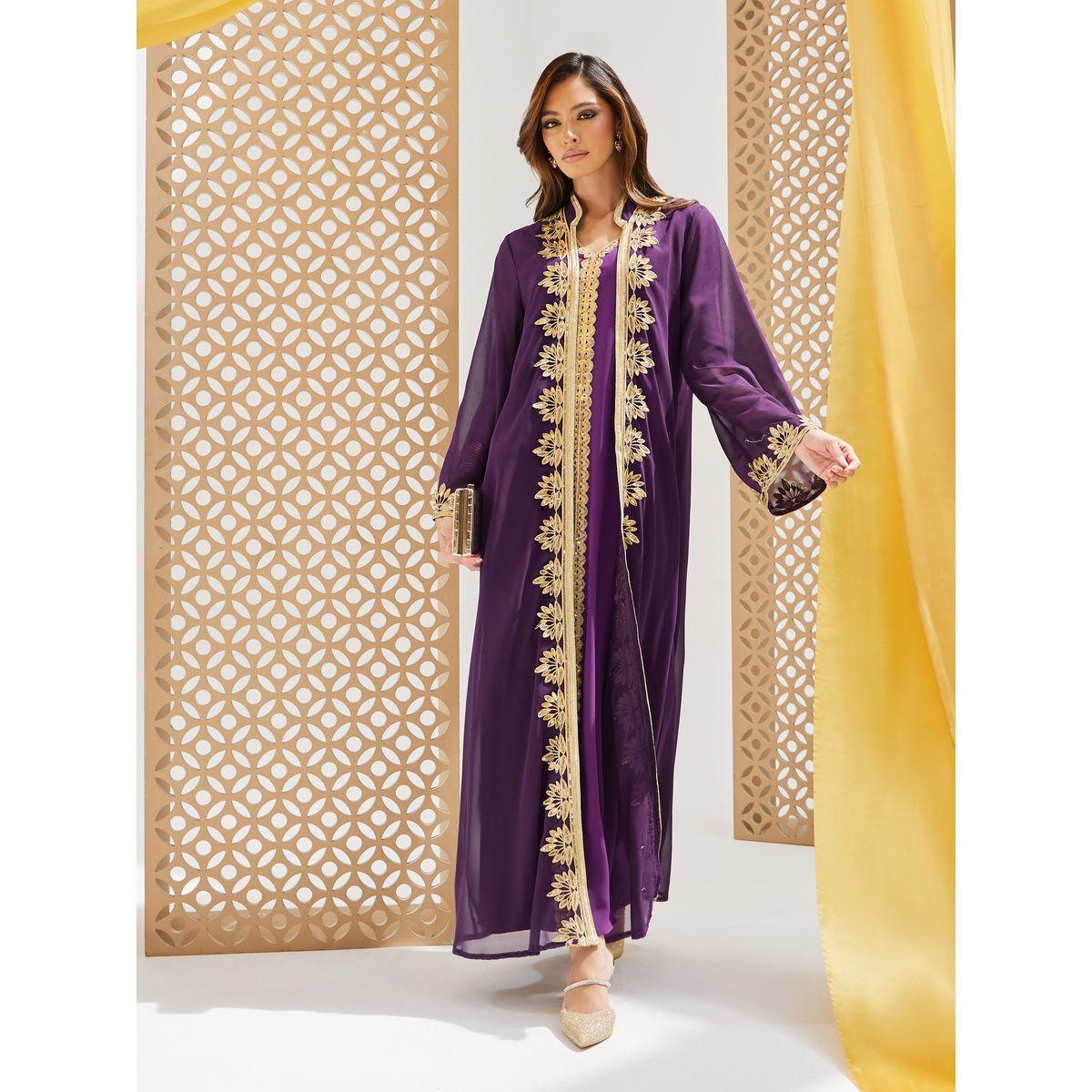 Styli Lace Trim Collared Abaya and Inner Dress Set-women-arabicclothing-abayas-image-1