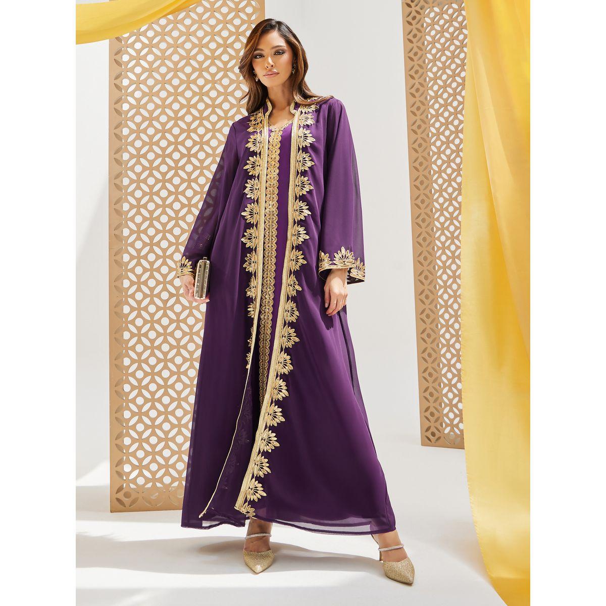 Styli Lace Trim Collared Abaya and Inner Dress Set-women-arabicclothing-abayas-image-2