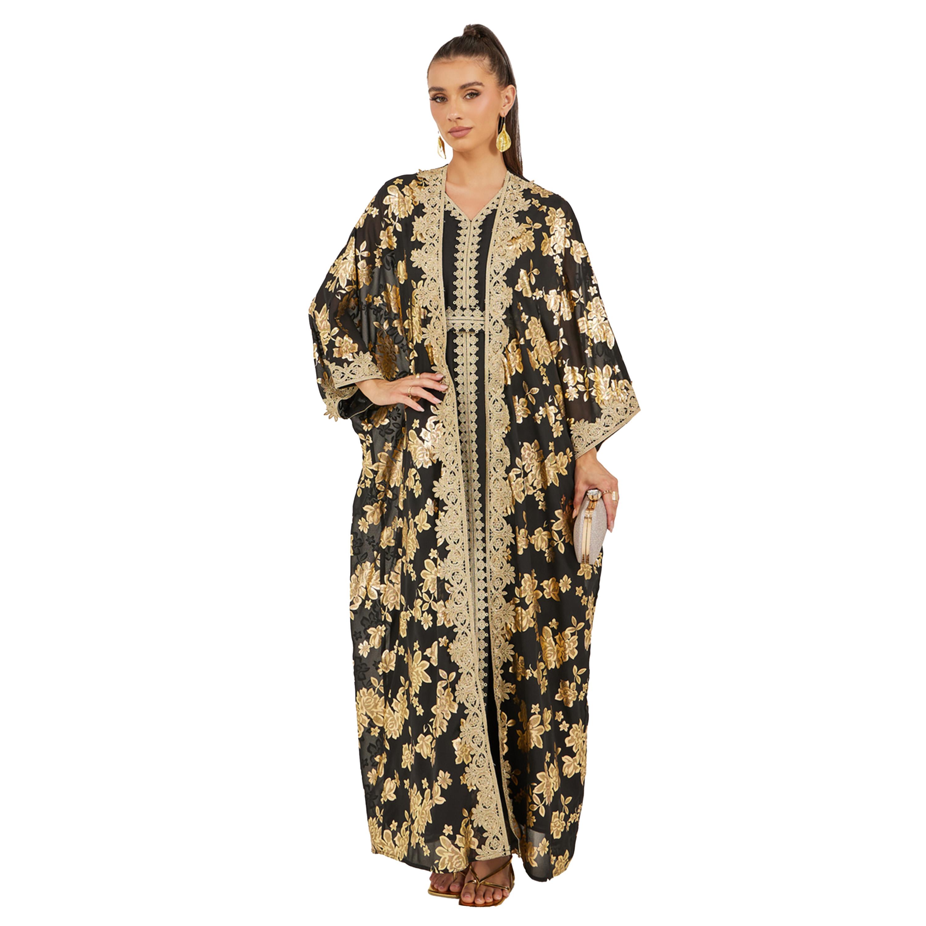 ستايلي - عباية بطبعة فويل مزينة بأكمام خفاش مع فستان داخلي-women-arabicclothing-sets-image-1