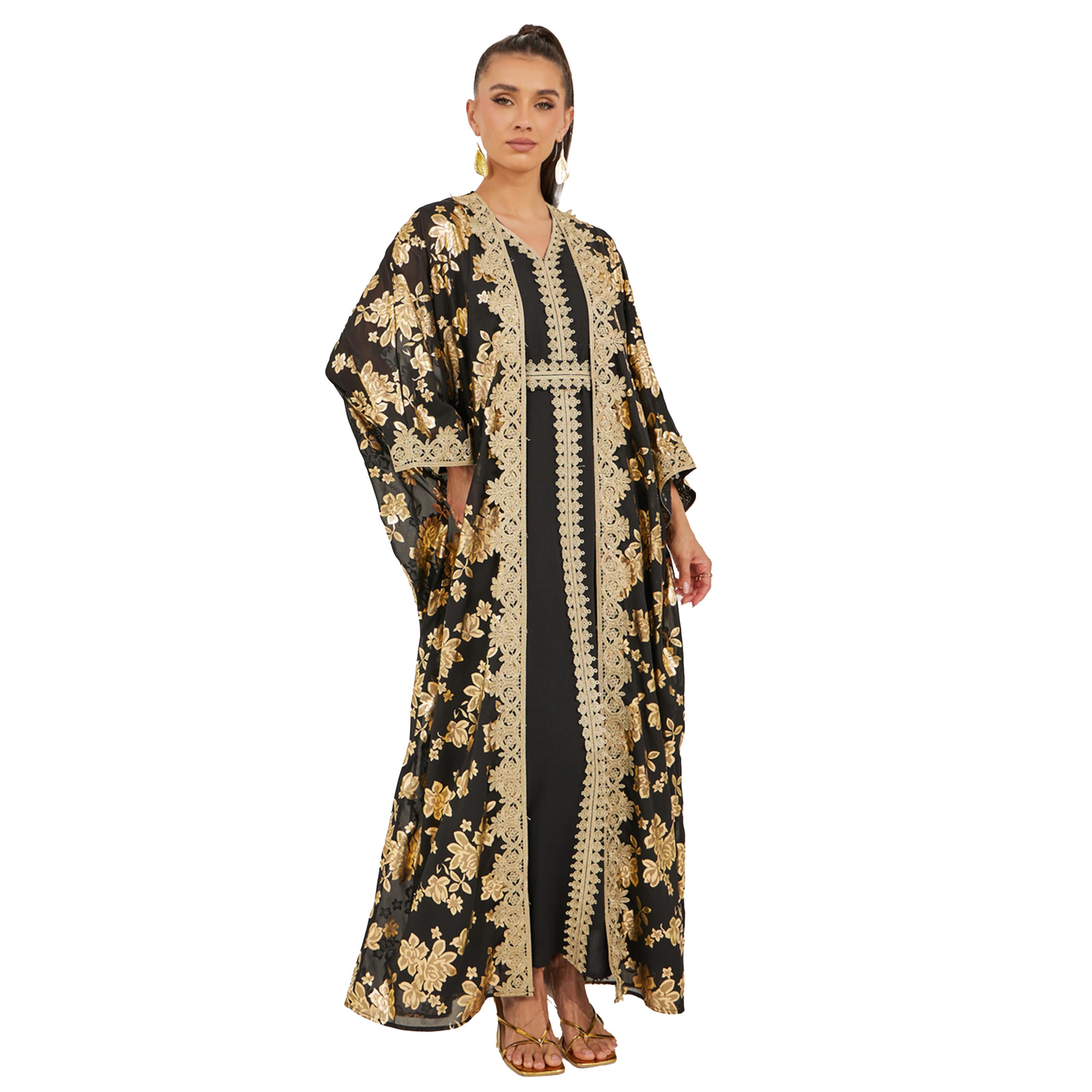 ستايلي - عباية بطبعة فويل مزينة بأكمام خفاش مع فستان داخلي-women-arabicclothing-sets-image-2