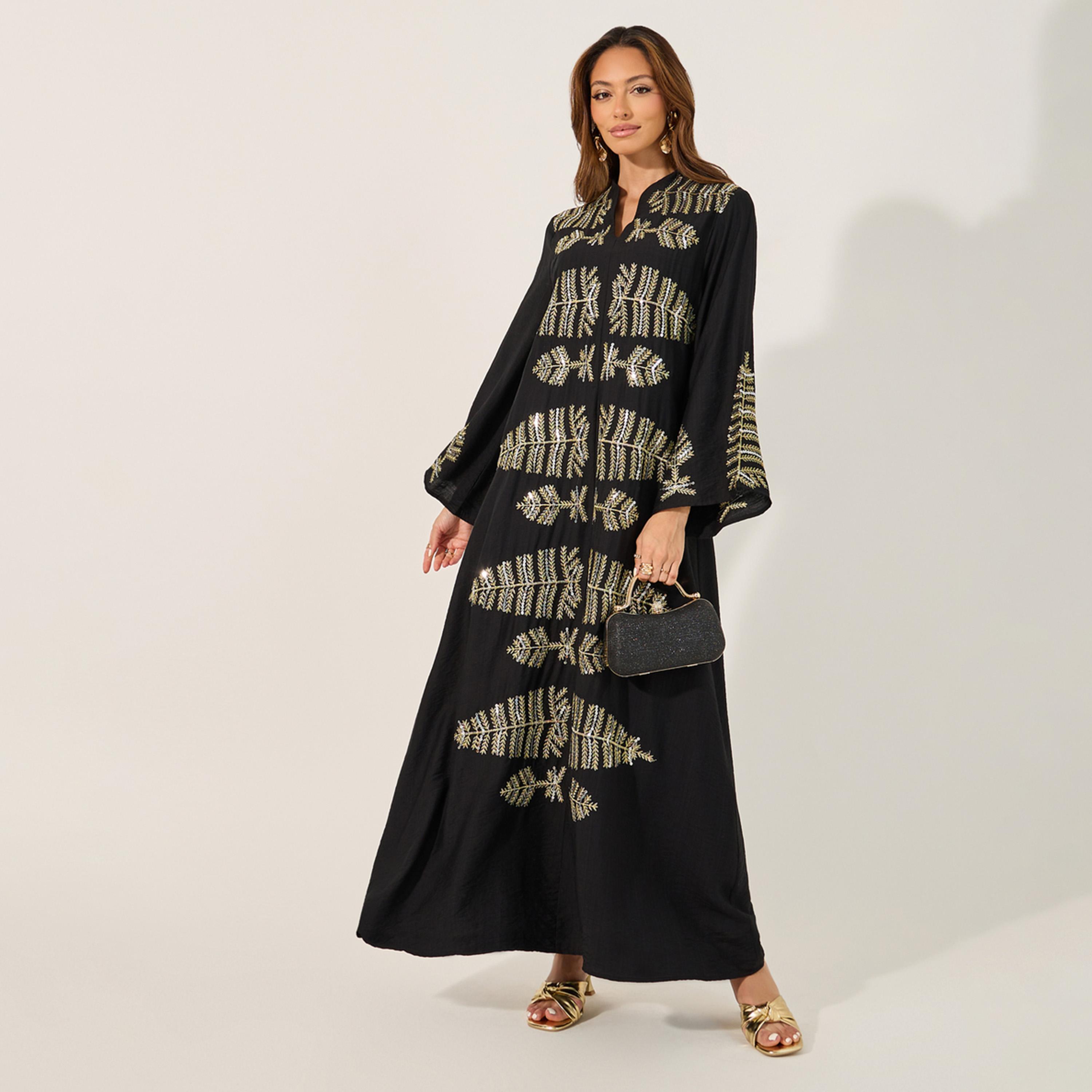 Styli Sequins Embellished Notch Neck A-Line Jalabyia-women-arabicclothing-jalabiyas-image-1