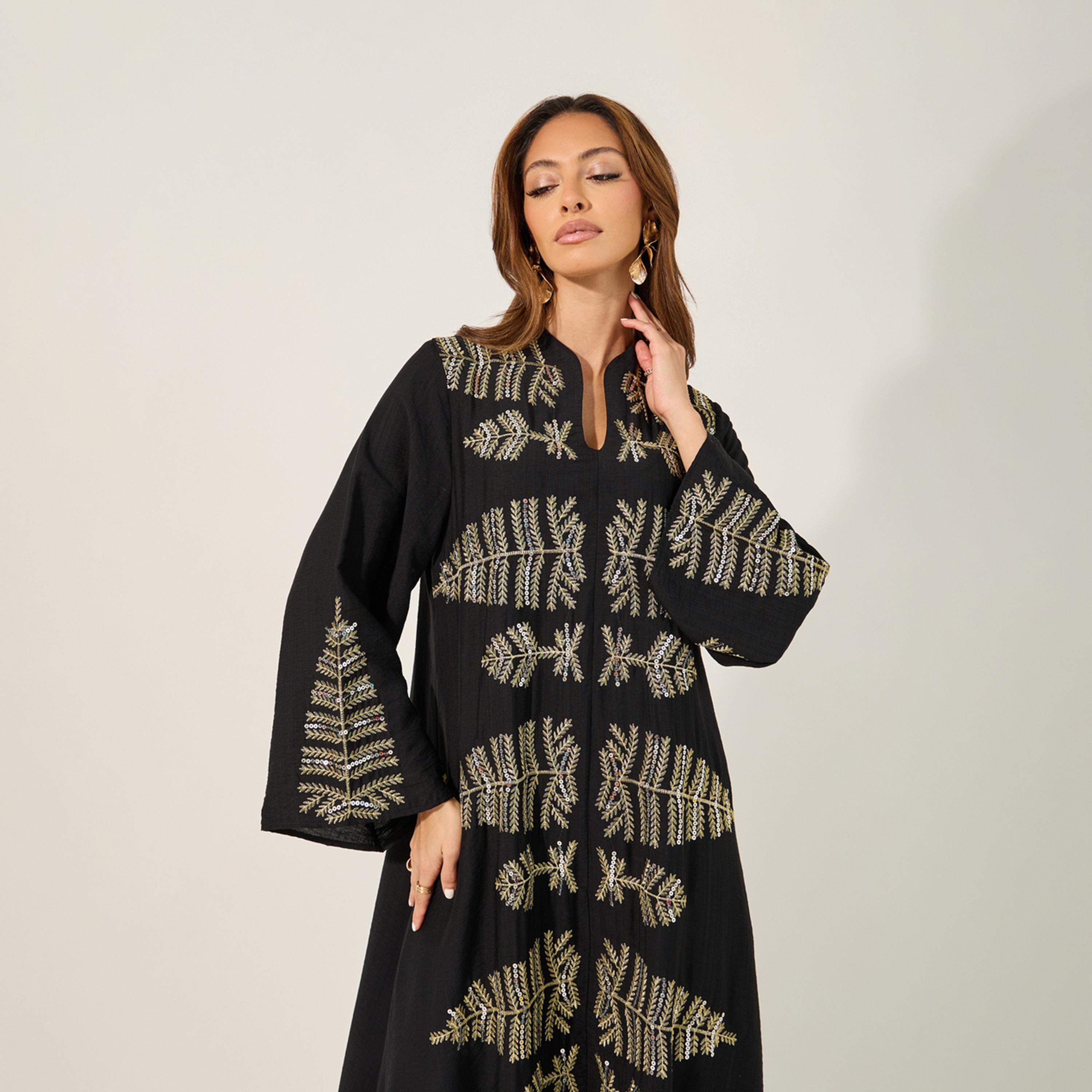Styli Sequins Embellished Notch Neck A-Line Jalabyia-women-arabicclothing-jalabiyas-image-3