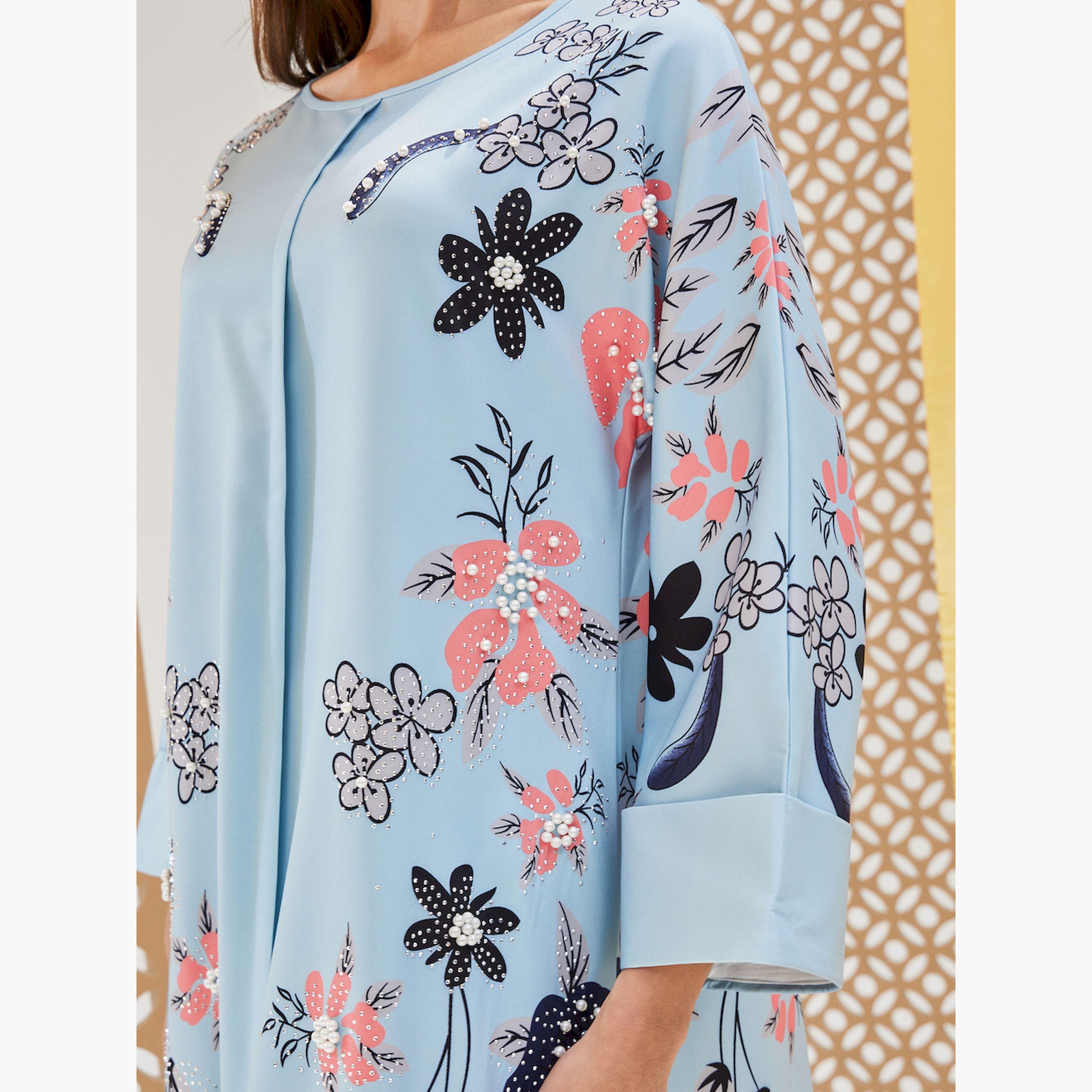 Styli Floral Printed A-Line Jalabiya with Embellishment-women-arabicclothing-jalabiyas-image-4