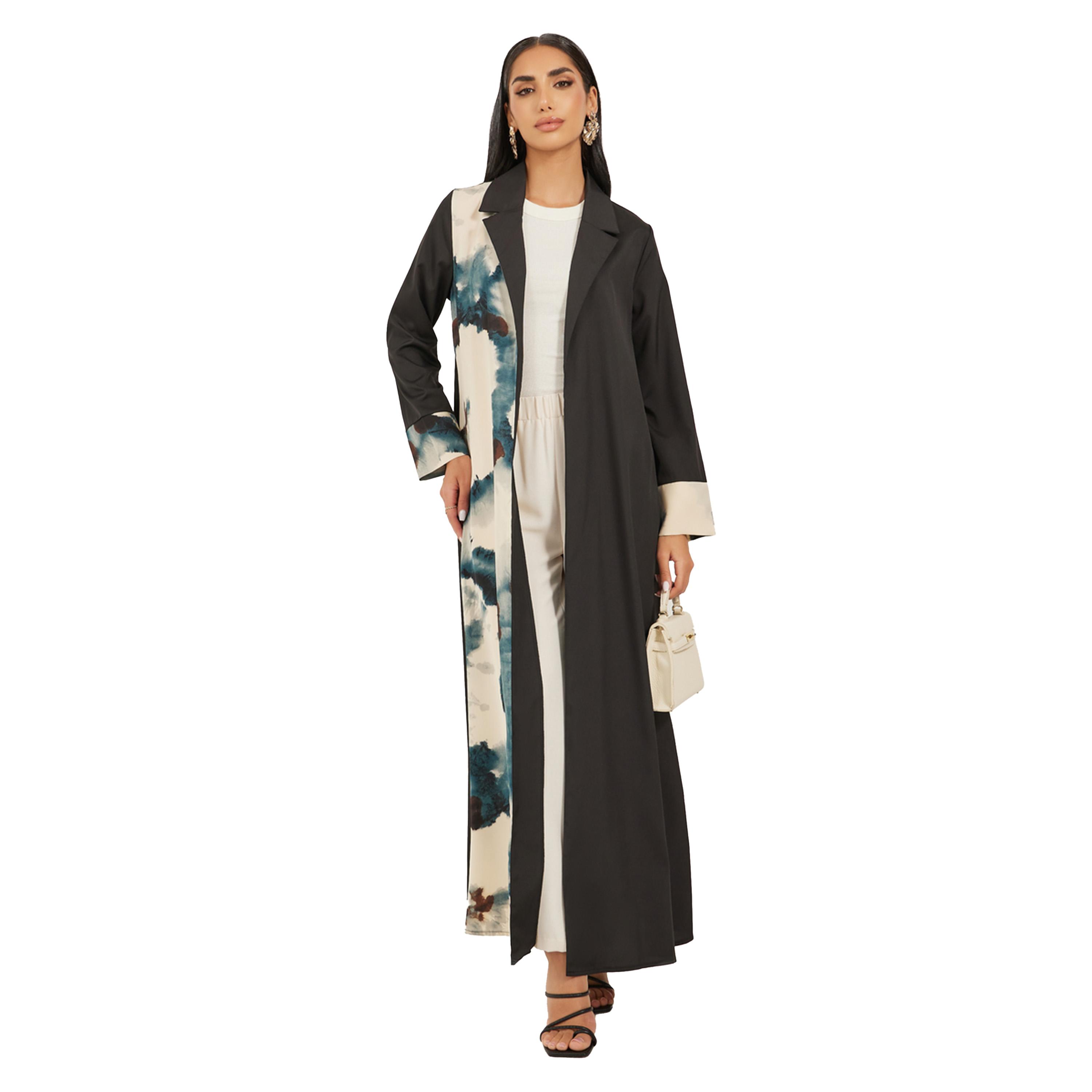 Styli Notch Lapel Collar Printed Label Open Abaya-women-arabicclothing-abayas-image-1