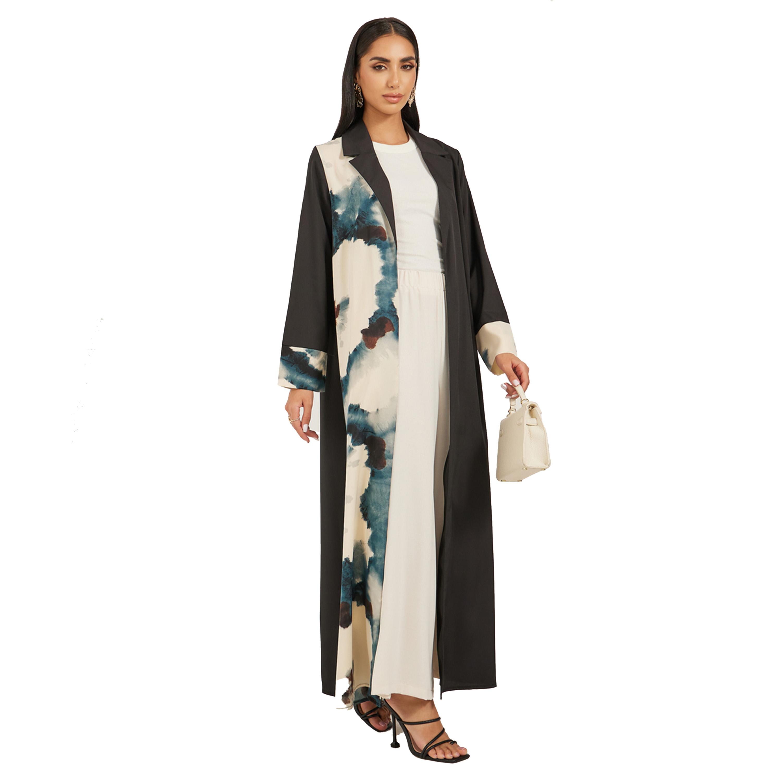 Styli Notch Lapel Collar Printed Label Open Abaya-women-arabicclothing-abayas-image-2