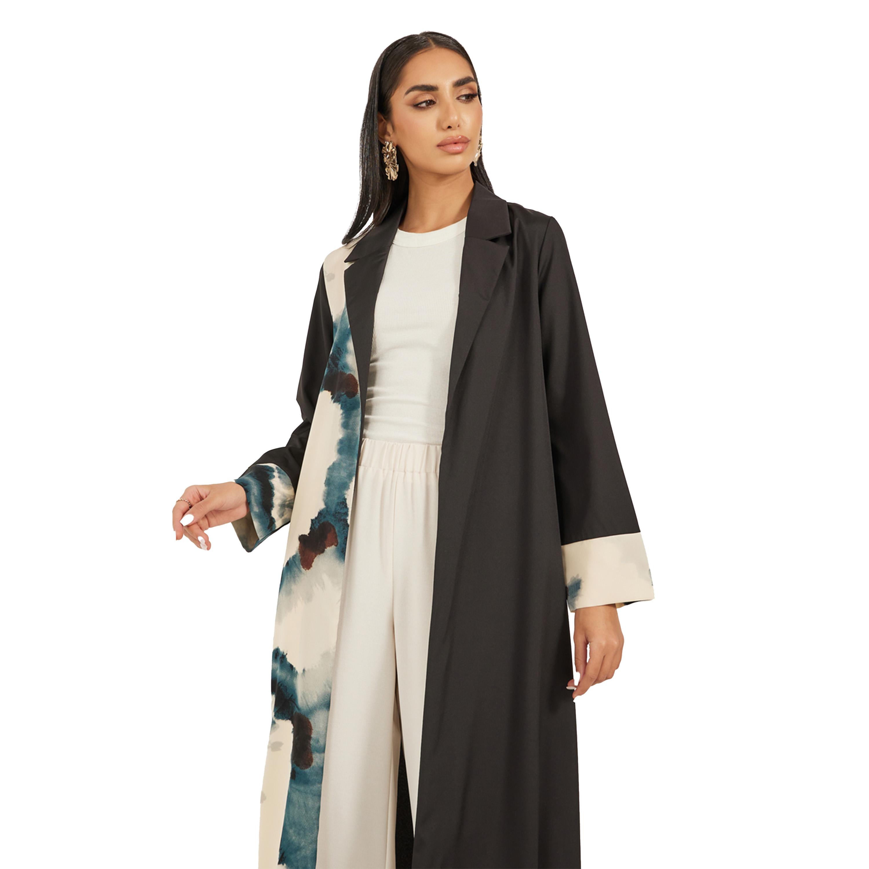 Styli Notch Lapel Collar Printed Label Open Abaya-women-arabicclothing-abayas-image-3