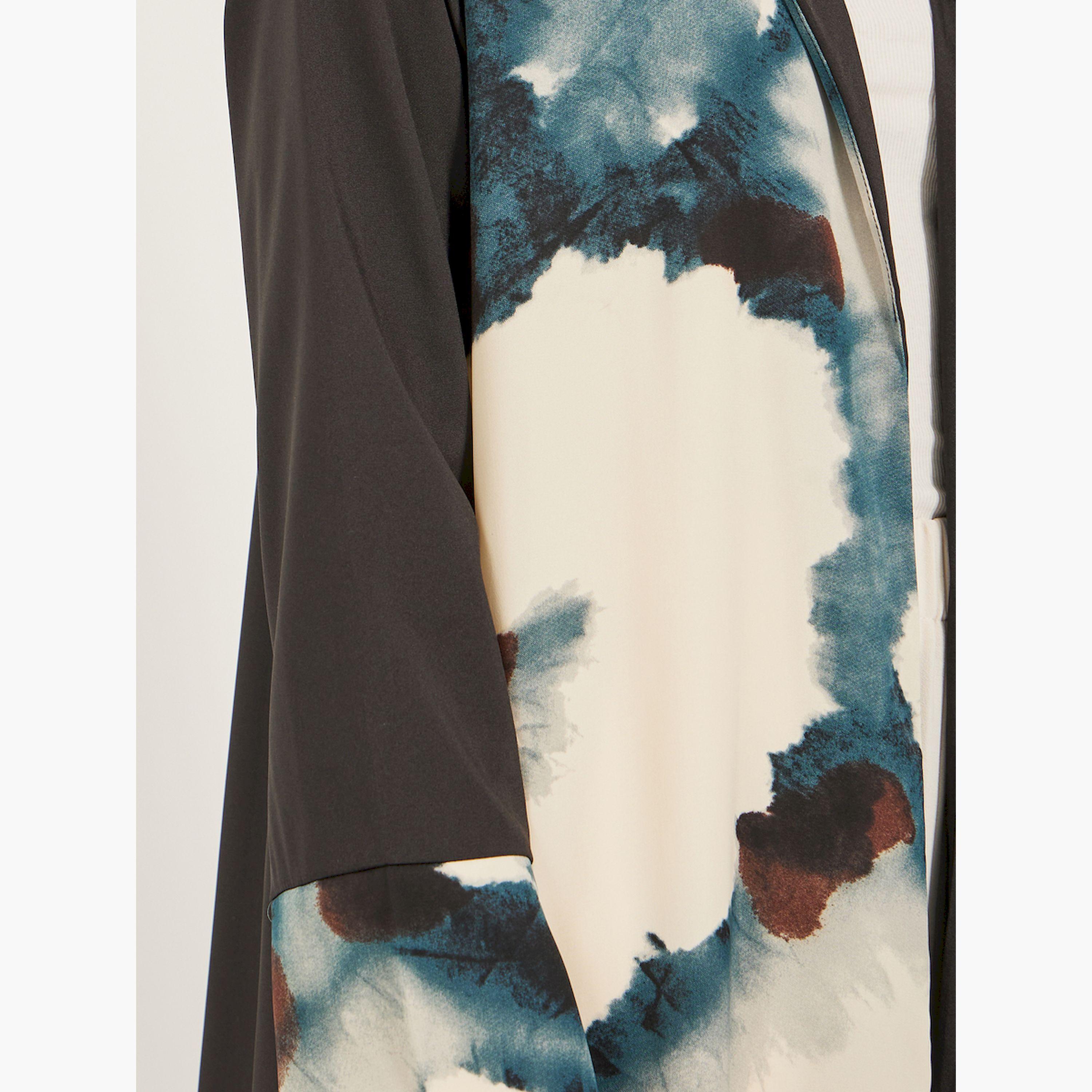 Styli Notch Lapel Collar Printed Label Open Abaya-women-arabicclothing-abayas-image-4