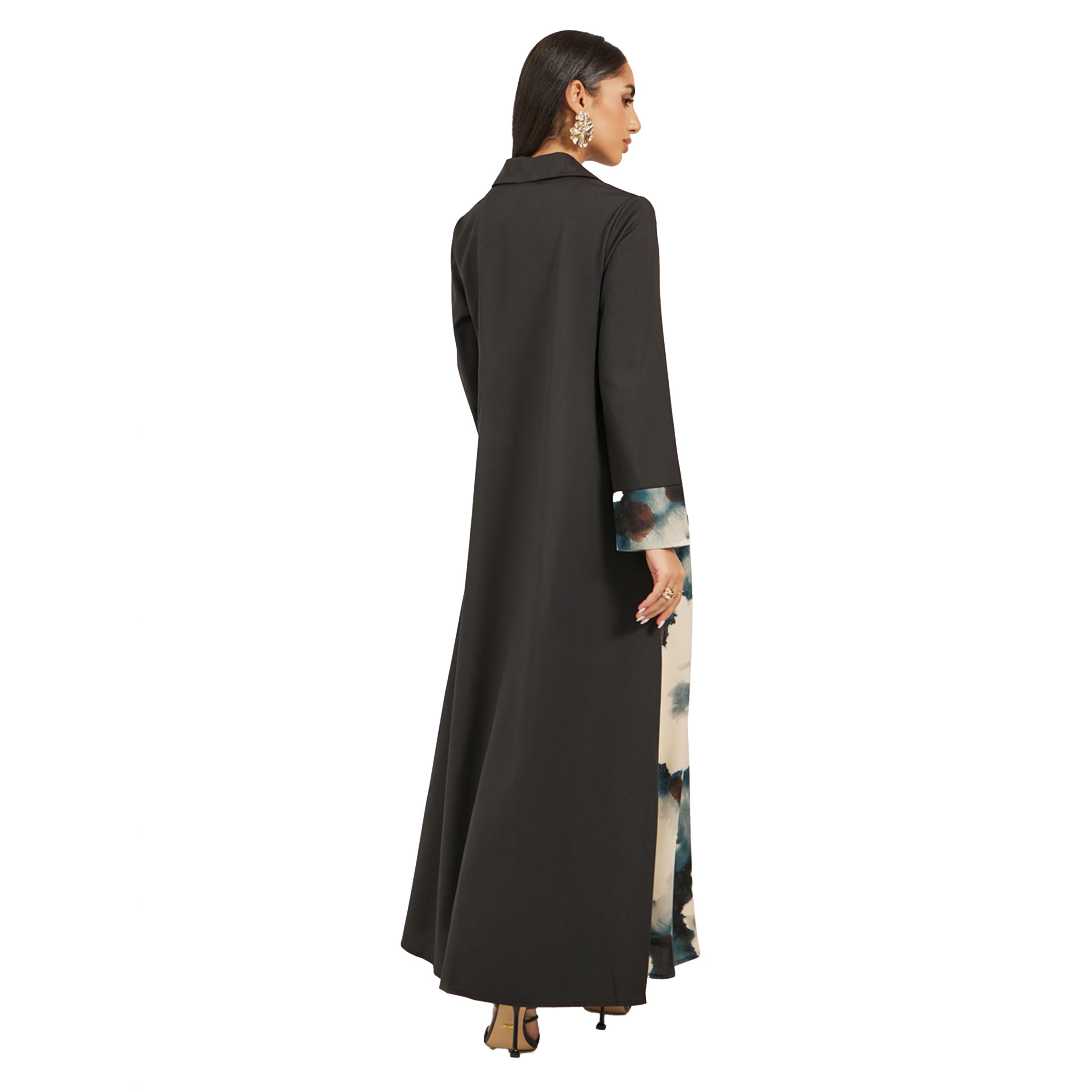 Styli Notch Lapel Collar Printed Label Open Abaya-women-arabicclothing-abayas-image-5
