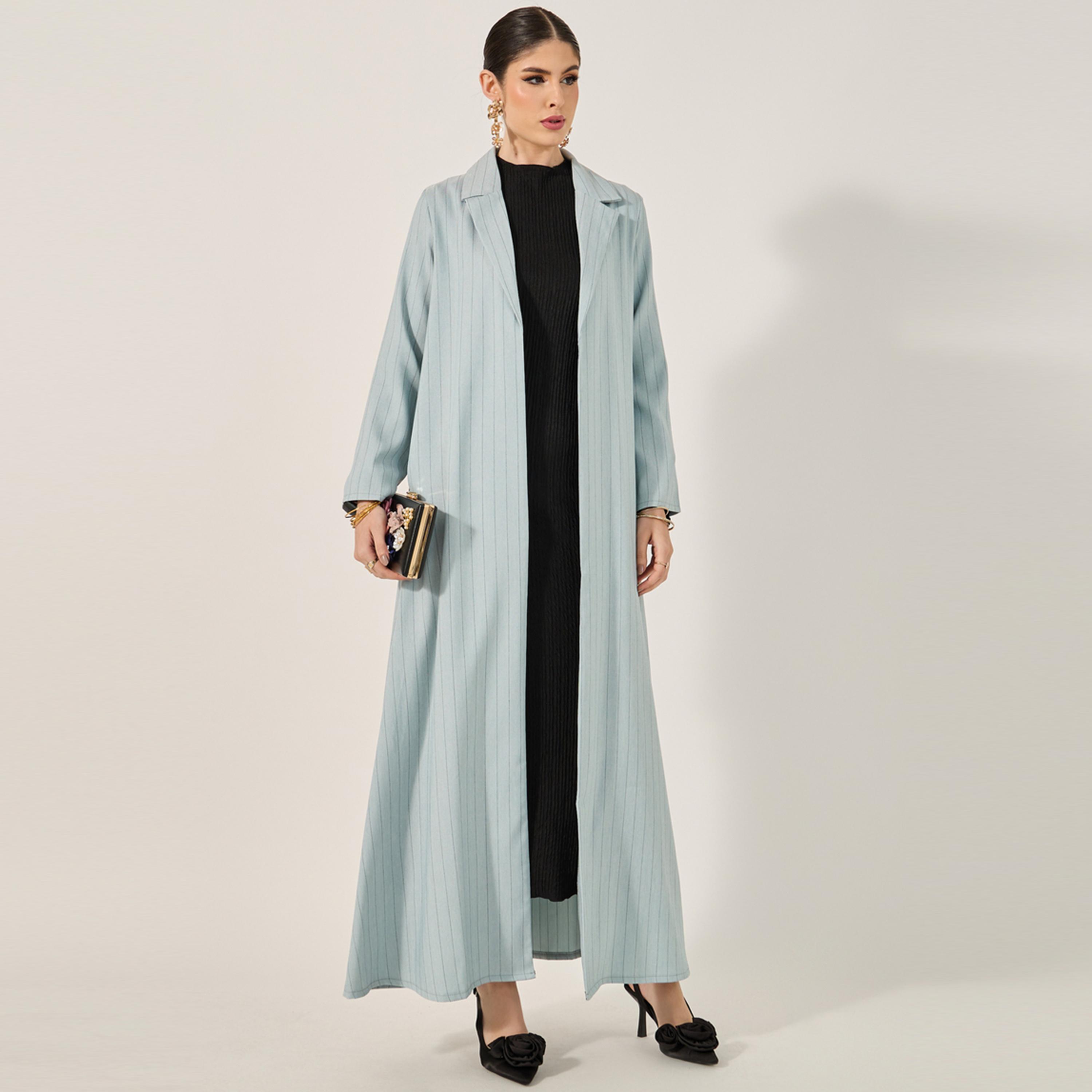 Styli Lapel Collar Front Open Abaya In Pin Stripe Pattern Texture Fabric-women-arabicclothing-abayas-image-1