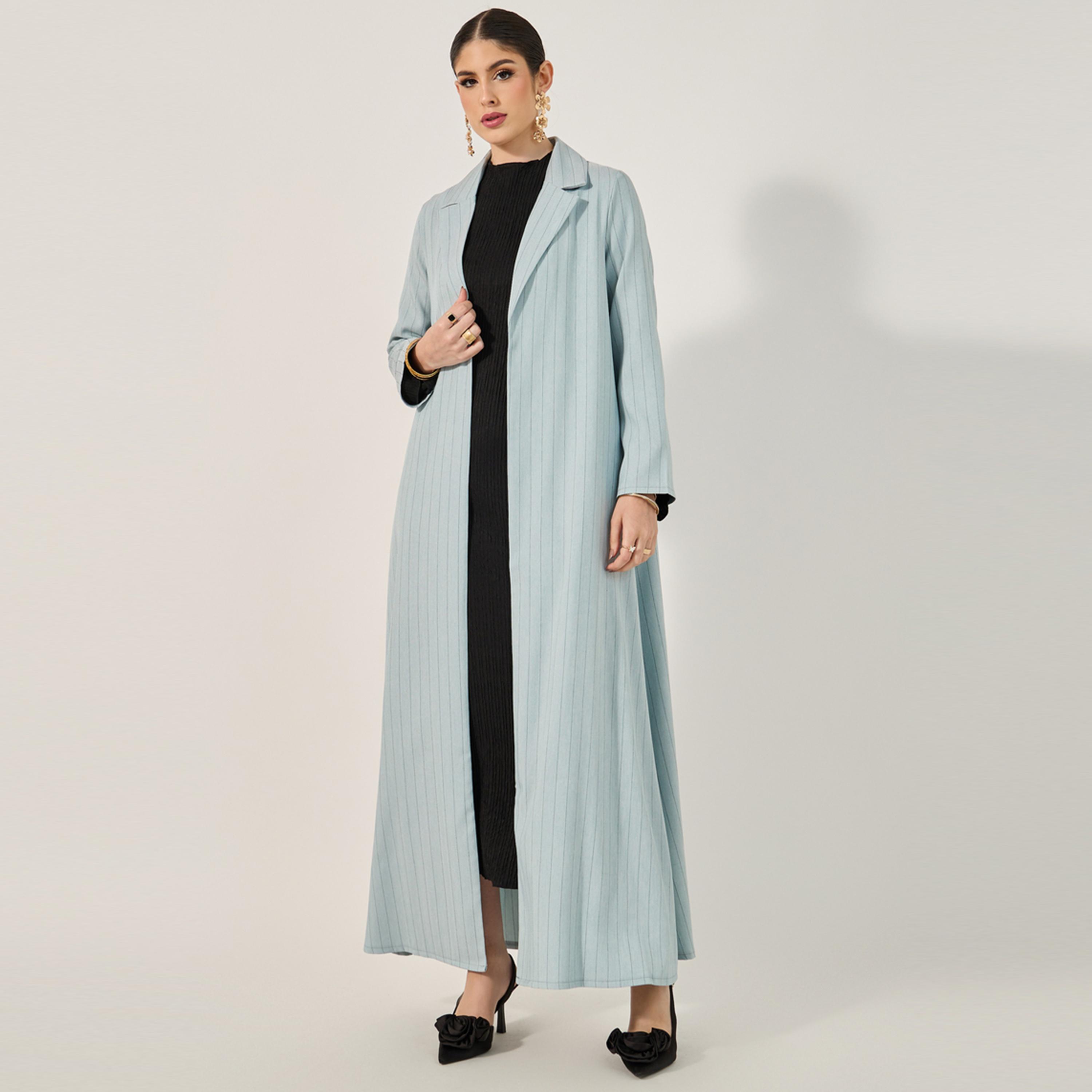 Styli Lapel Collar Front Open Abaya In Pin Stripe Pattern Texture Fabric-women-arabicclothing-abayas-image-2