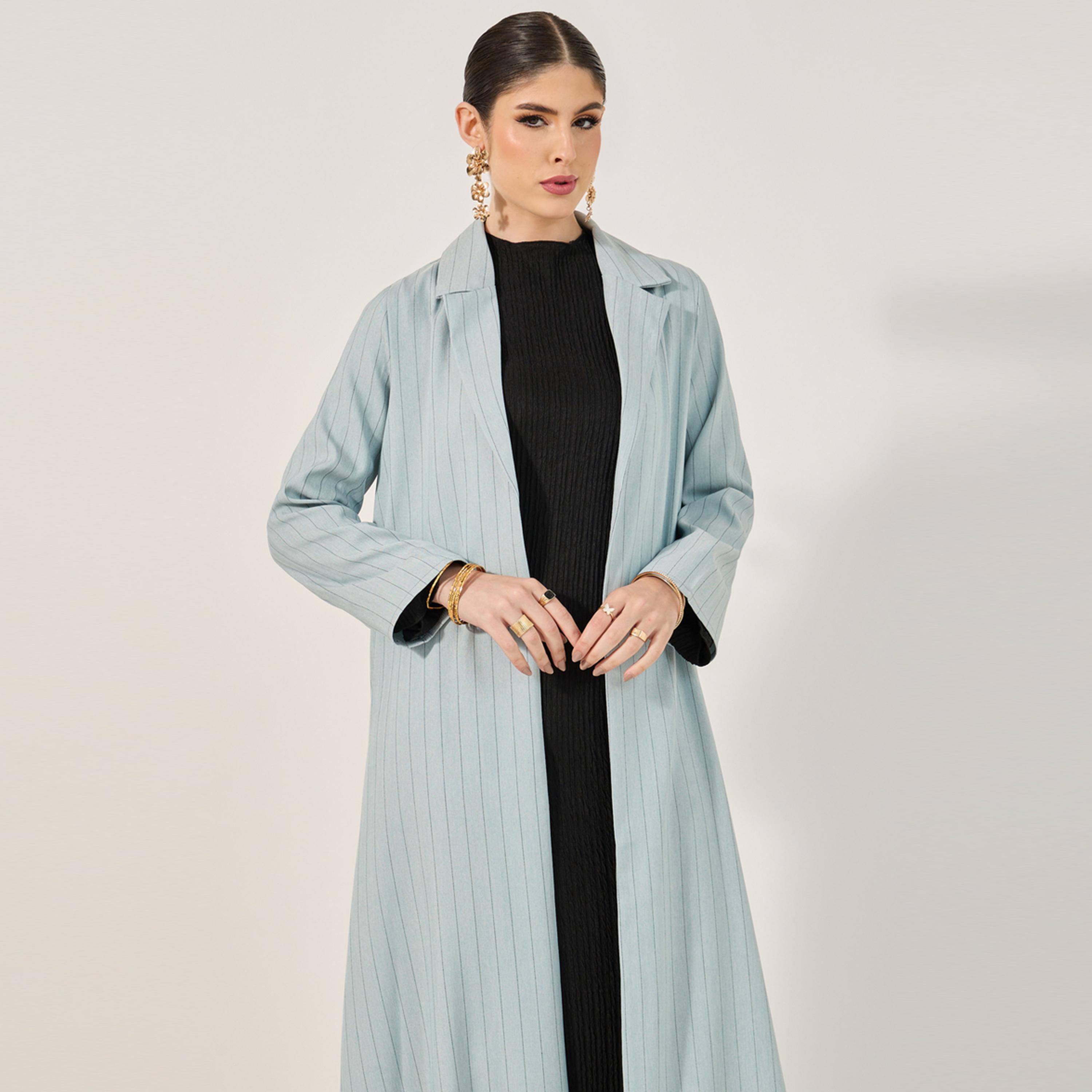 Styli Lapel Collar Front Open Abaya In Pin Stripe Pattern Texture Fabric-women-arabicclothing-abayas-image-3