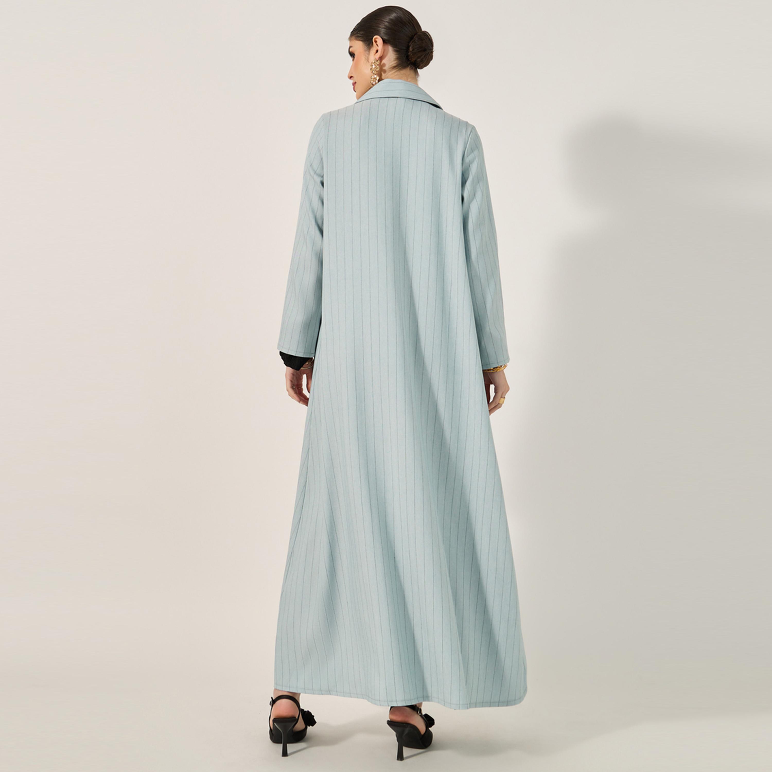 Styli Lapel Collar Front Open Abaya In Pin Stripe Pattern Texture Fabric-women-arabicclothing-abayas-image-5