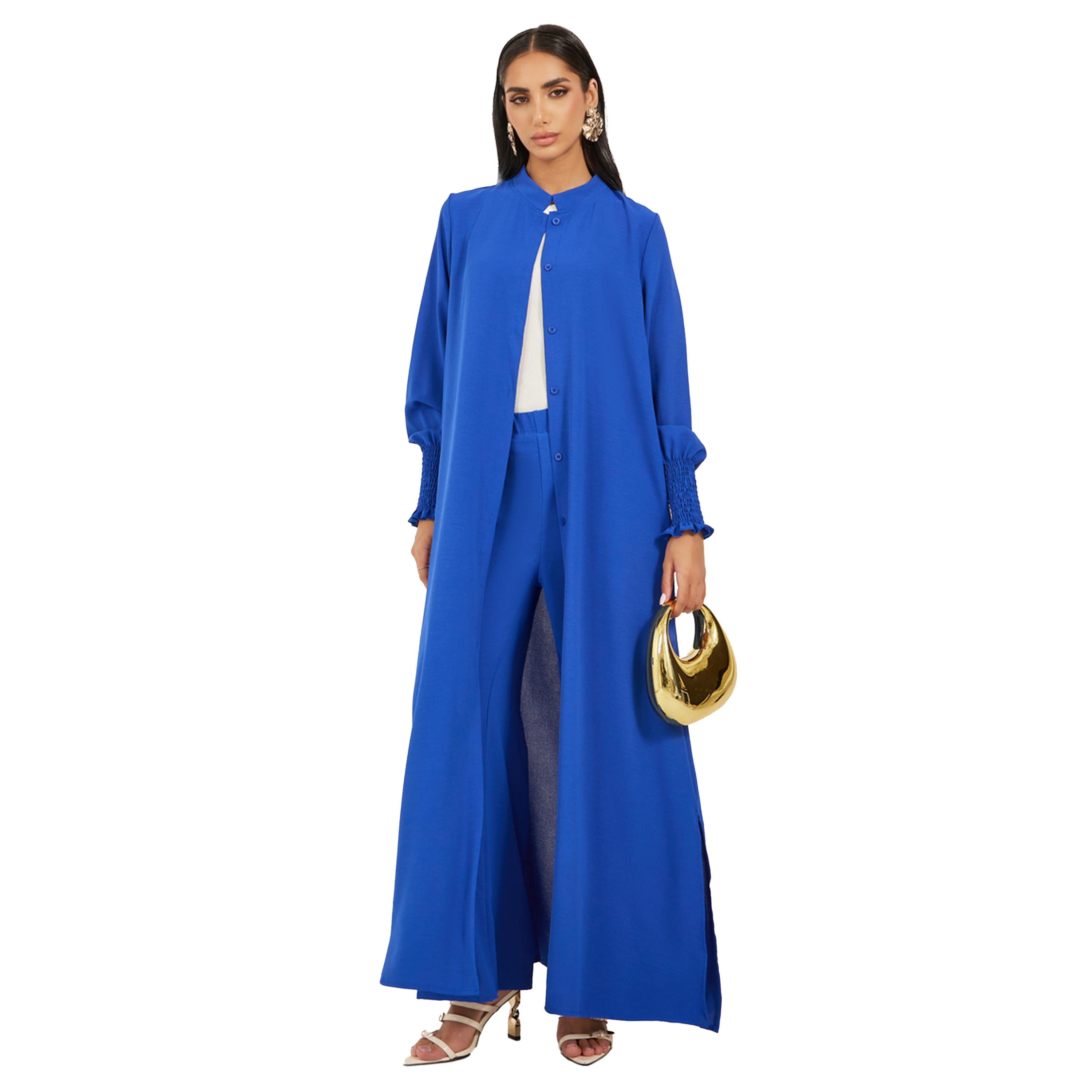 ستايلي - طقم قميص طويل بأكمام منفوخة وأزرار مع بنطال واسع الساق-women-arabicclothing-sets-image-1