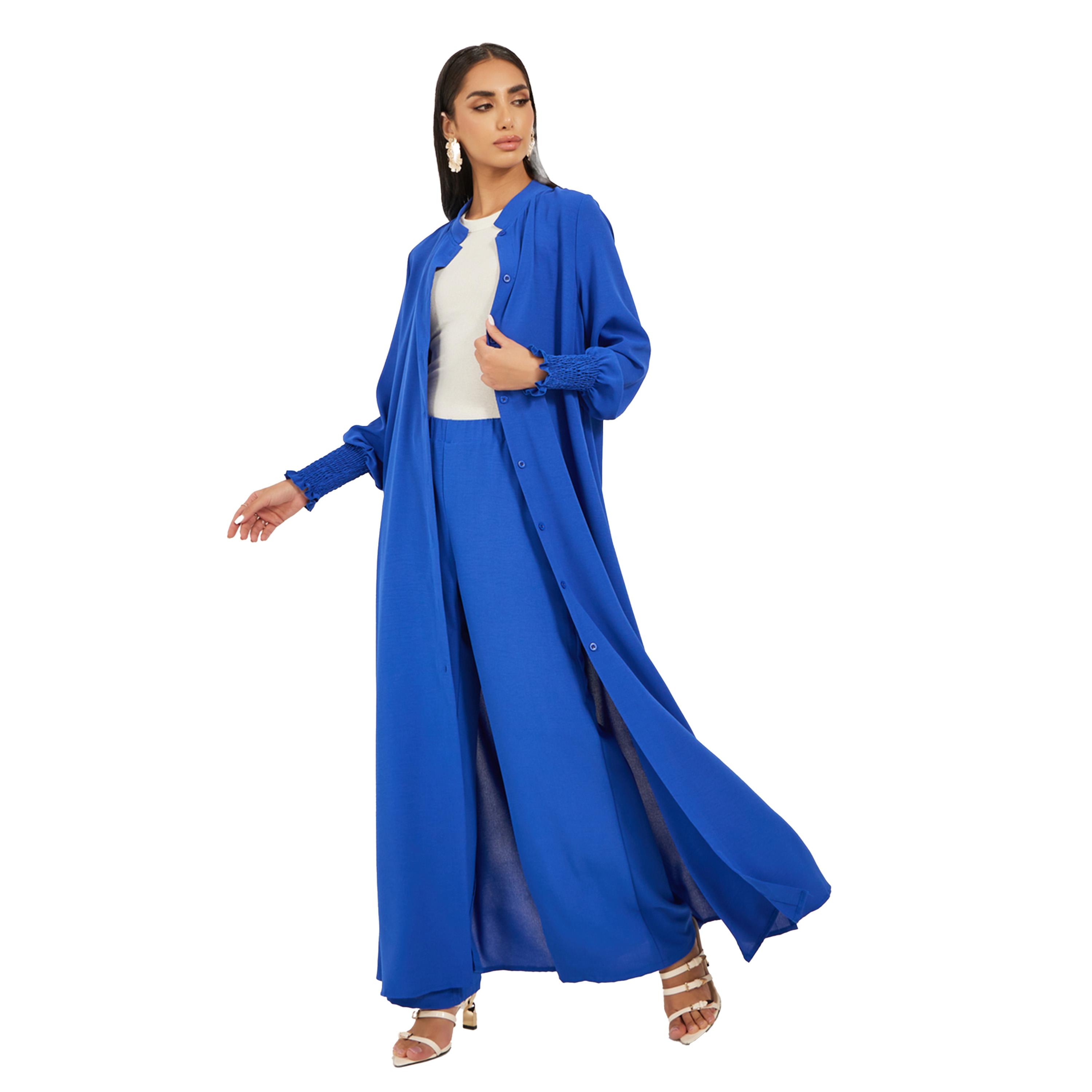 ستايلي - طقم قميص طويل بأكمام منفوخة وأزرار مع بنطال واسع الساق-women-arabicclothing-sets-image-2