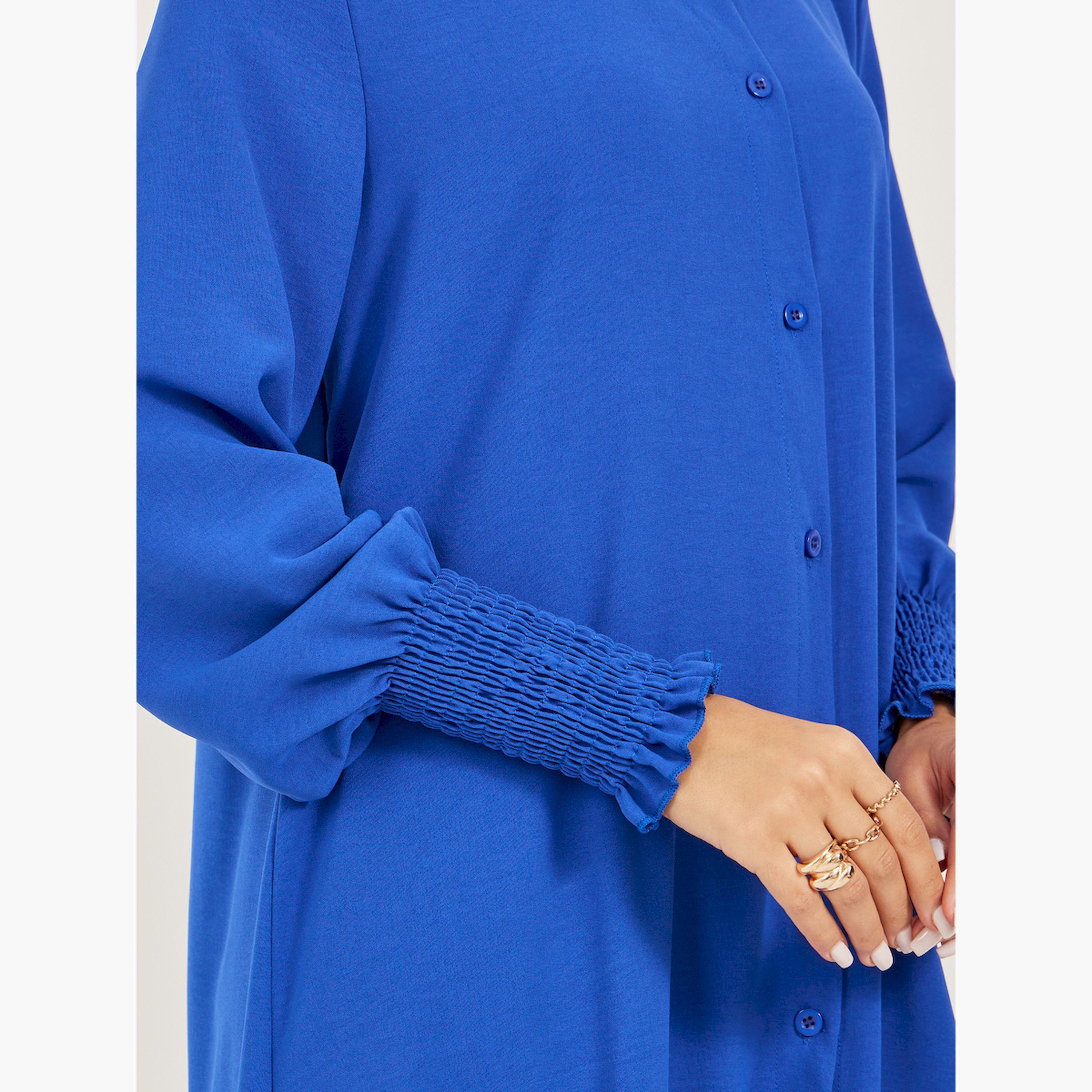 ستايلي - طقم قميص طويل بأكمام منفوخة وأزرار مع بنطال واسع الساق-women-arabicclothing-sets-image-6