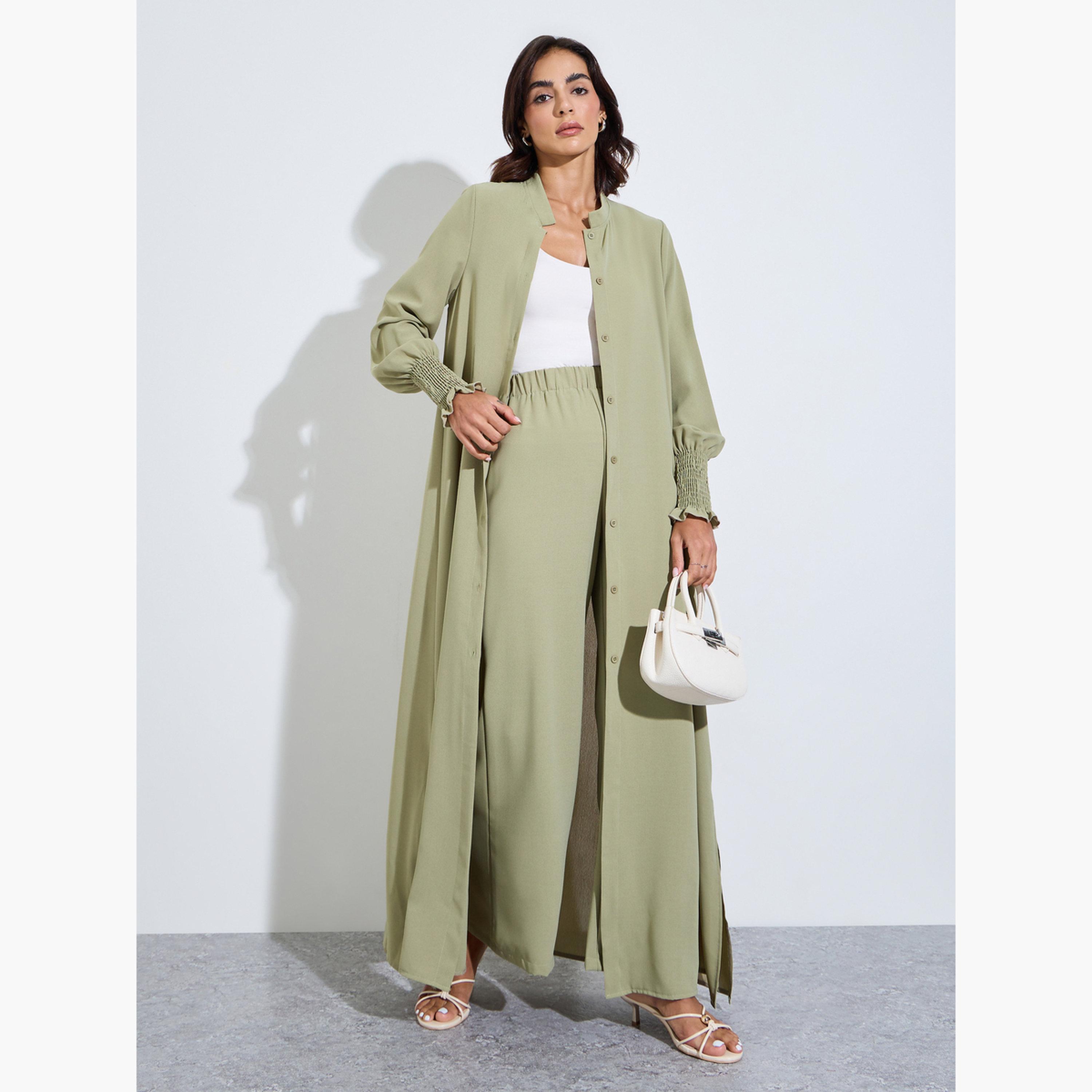 Amirah X Styli Bishop Sleeve Buttoned Longline Shirt with Wide Leg Pants Set-women-arabicclothing-sets-image-1