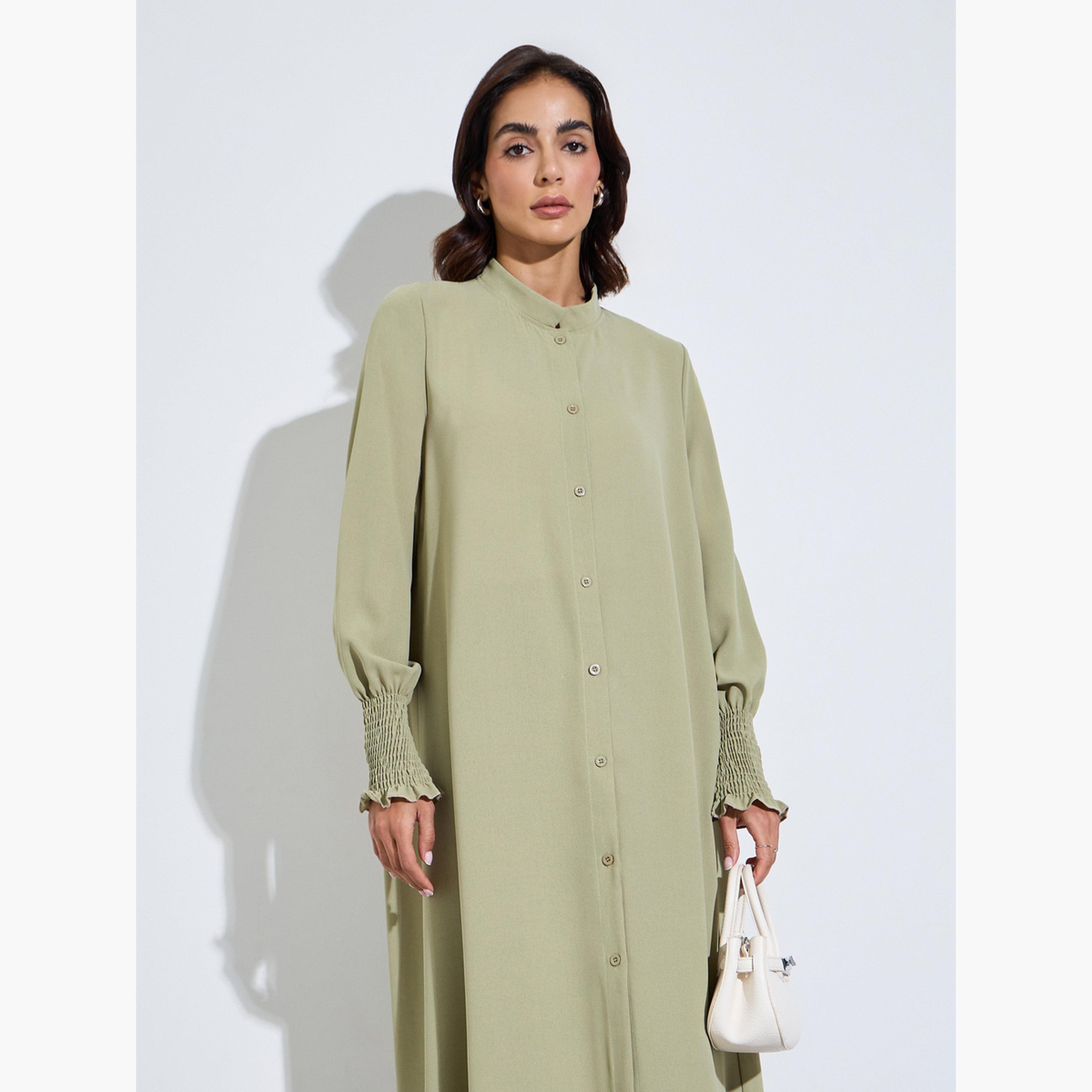 Amirah X Styli Bishop Sleeve Buttoned Longline Shirt with Wide Leg Pants Set-women-arabicclothing-sets-image-2