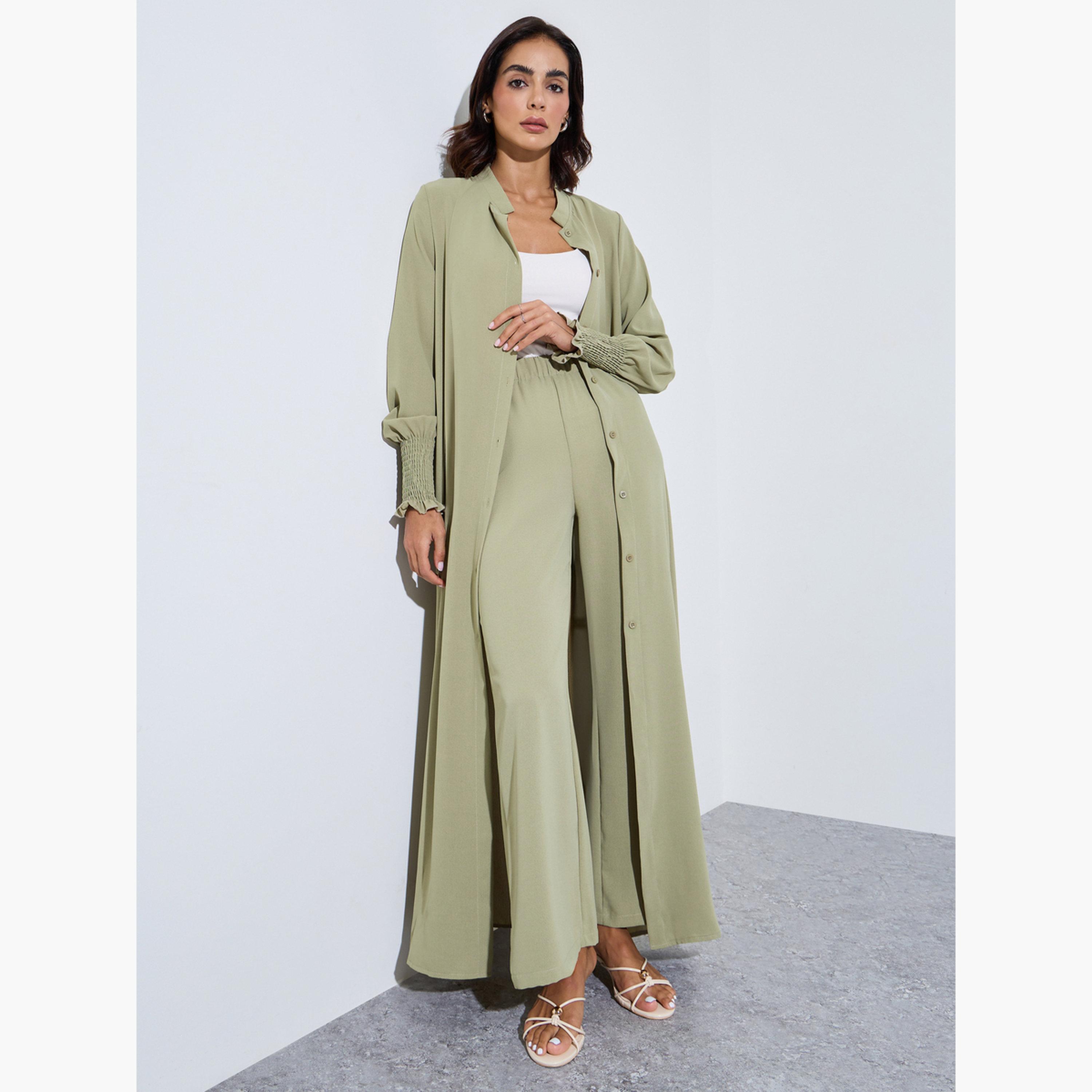 Amirah X Styli Bishop Sleeve Buttoned Longline Shirt with Wide Leg Pants Set-women-arabicclothing-sets-image-3