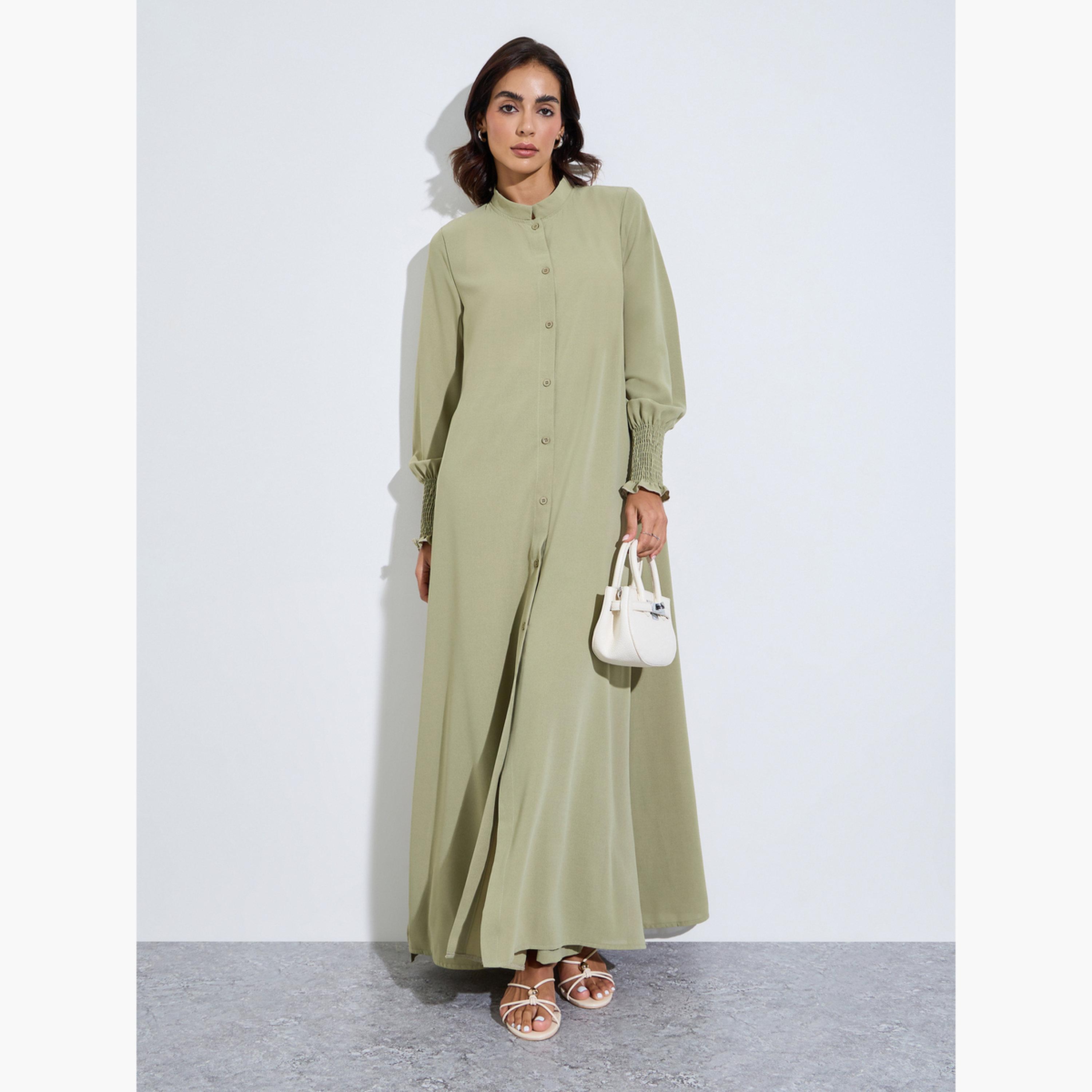 Amirah X Styli Bishop Sleeve Buttoned Longline Shirt with Wide Leg Pants Set-women-arabicclothing-sets-image-5