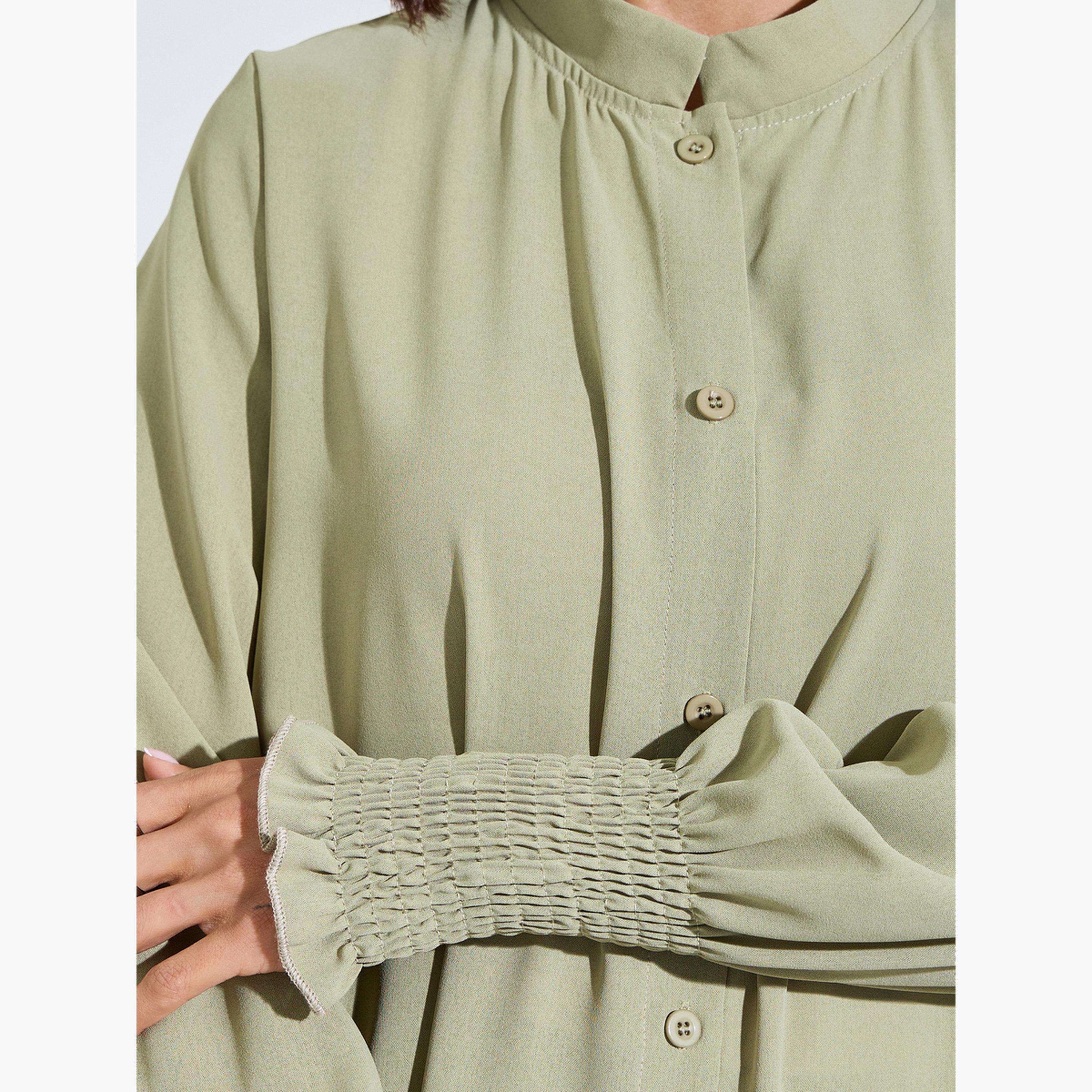 Amirah X Styli Bishop Sleeve Buttoned Longline Shirt with Wide Leg Pants Set-women-arabicclothing-sets-image-7