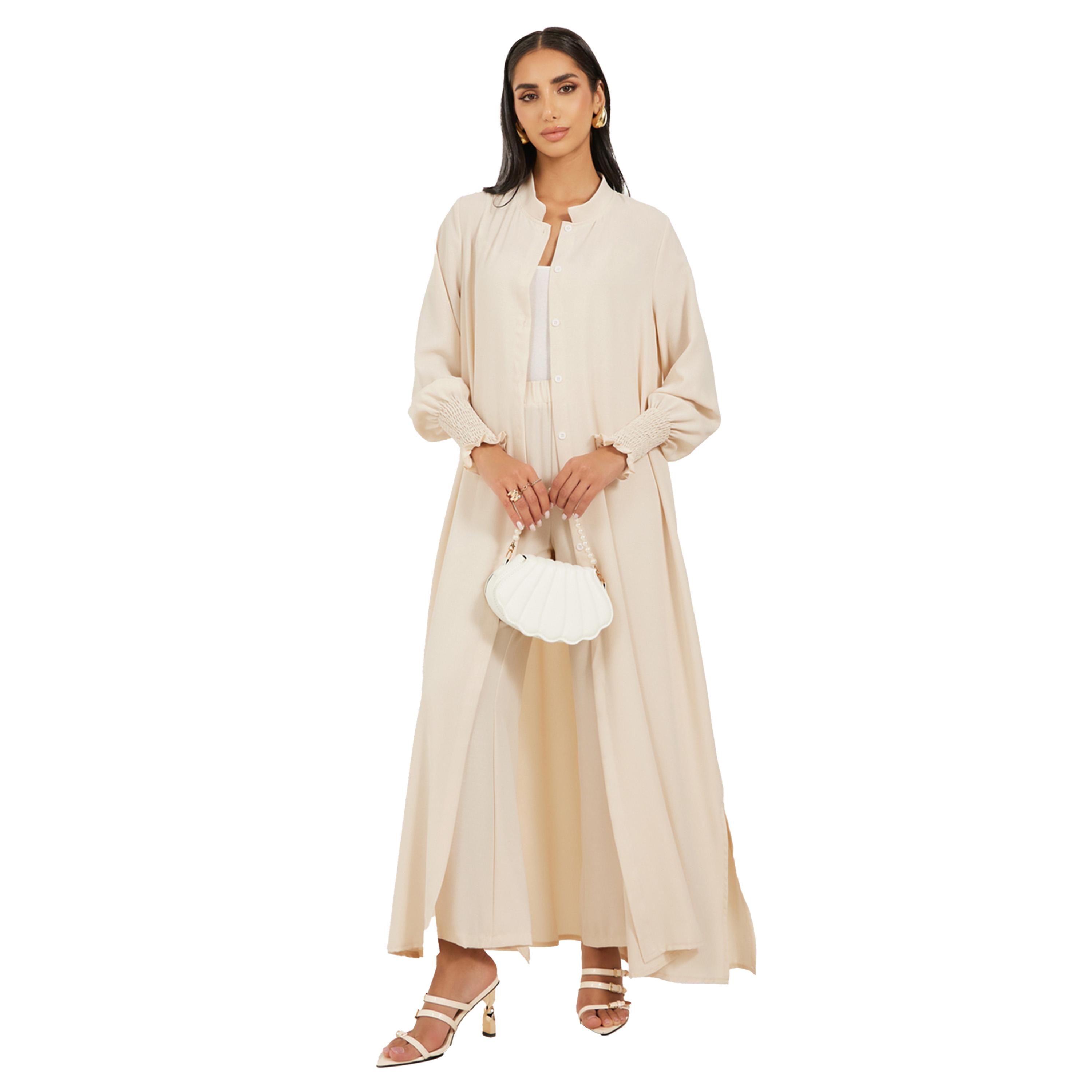 Styli Bishop Sleeve Buttoned Longline Shirt with Wide Leg Pants Set-women-arabicclothing-sets-image-1