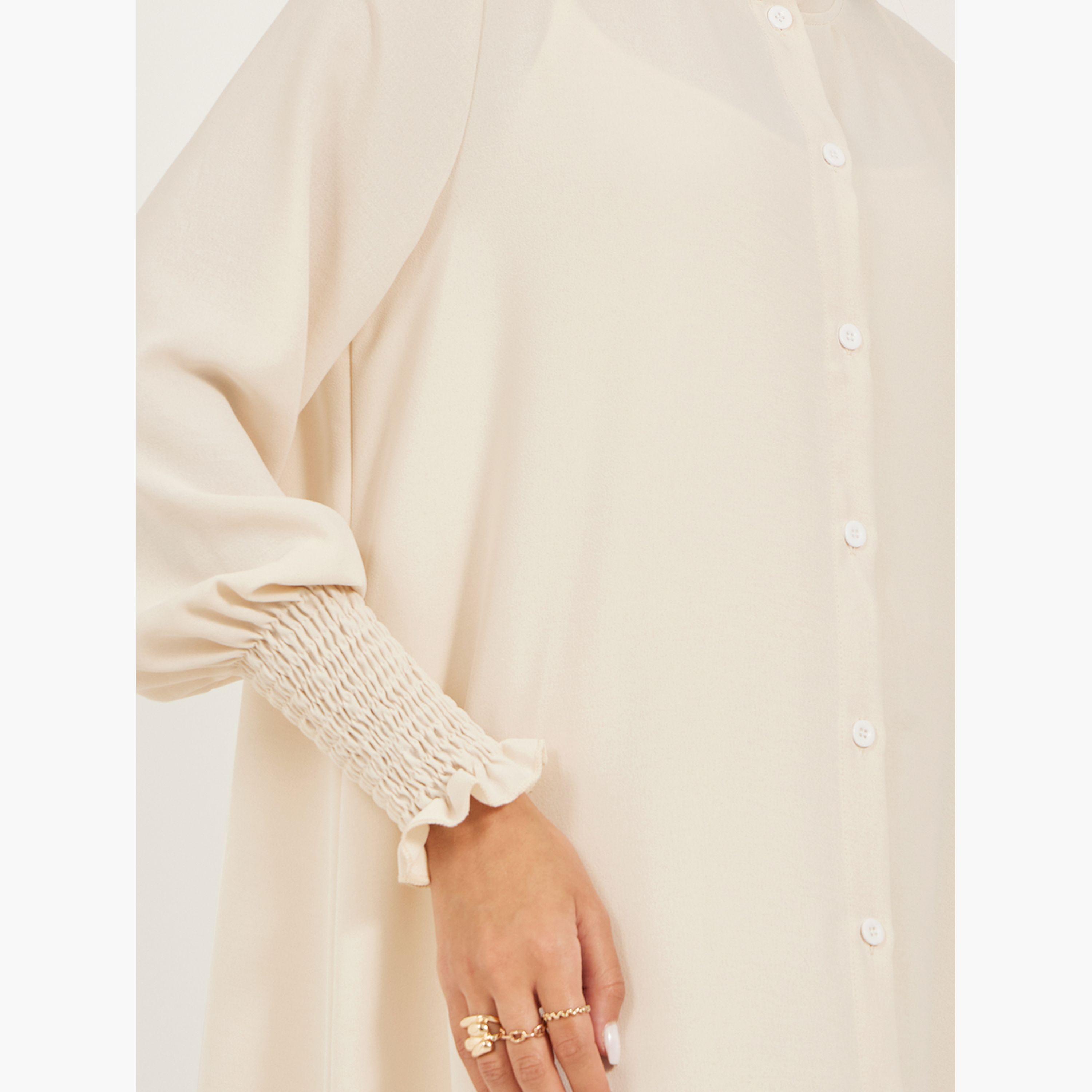ستايلي - طقم قميص طويل بأكمام منفوخة وأزرار مع بنطال واسع الساق-women-arabicclothing-sets-image-4
