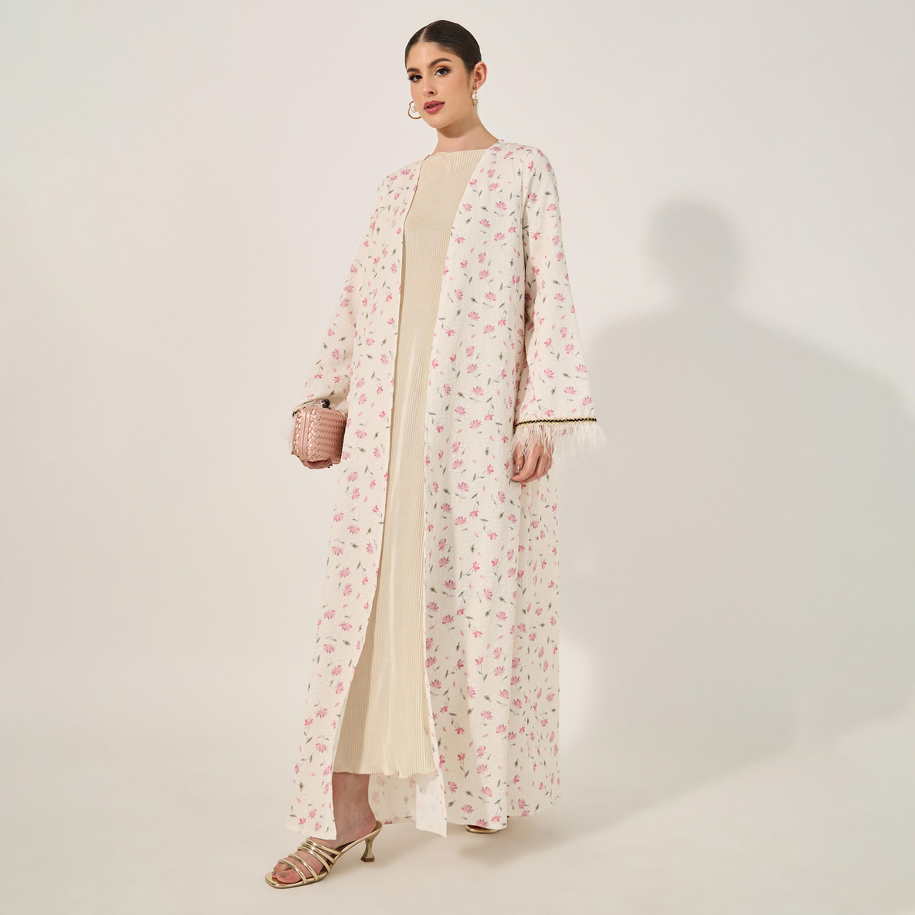Amirah X Styli floral jacquard abaya with feather trims at sleeve-women-arabicclothing-abayas-image-1