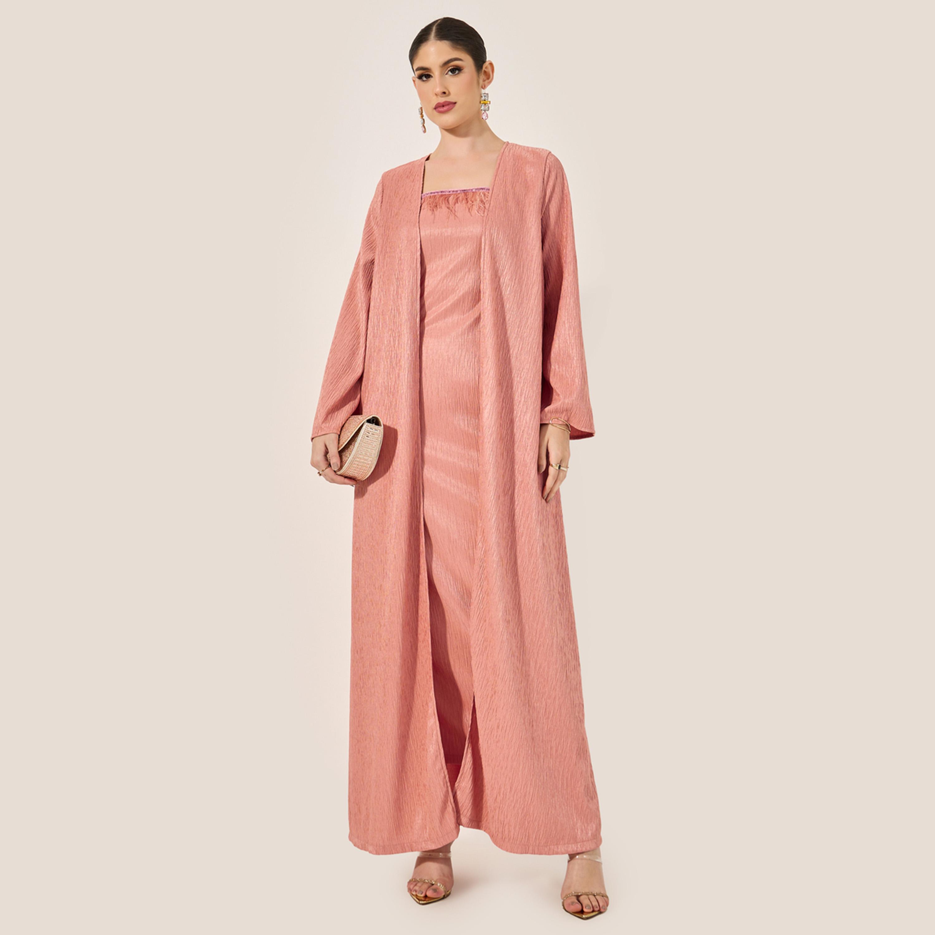 ستايلي - عباية أنيقة مع فستان داخلي بحواف ريش-women-arabicclothing-sets-image-1