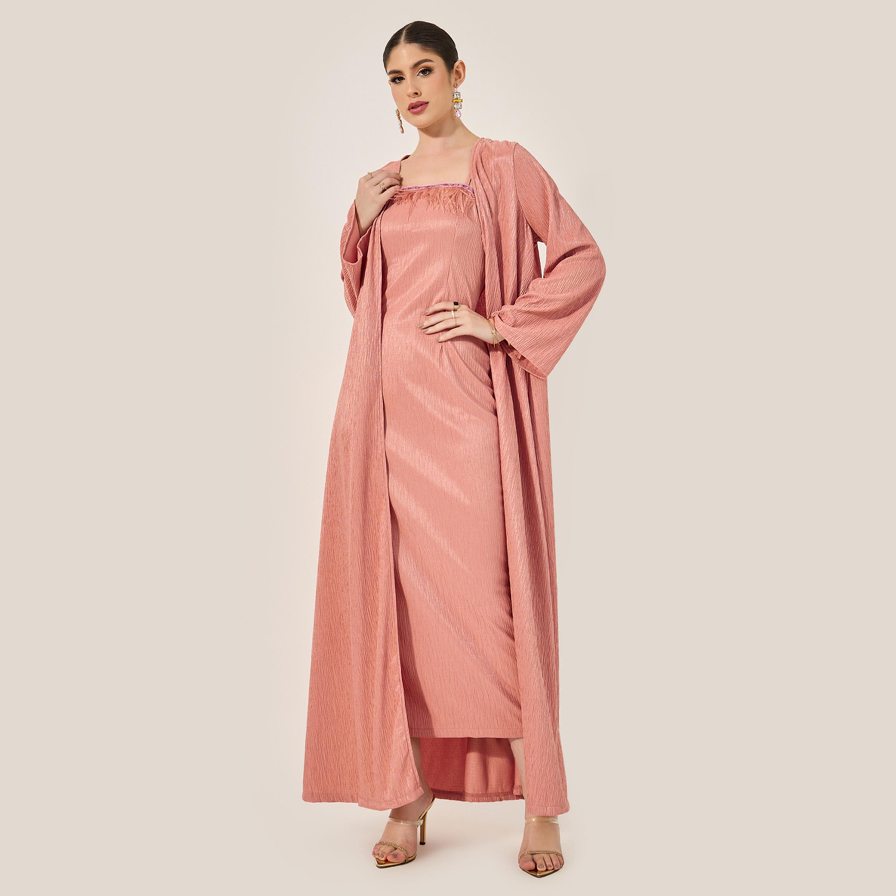 Styli Textured Abaya and Inner Dress with Feather Trims-women-arabicclothing-sets-image-2