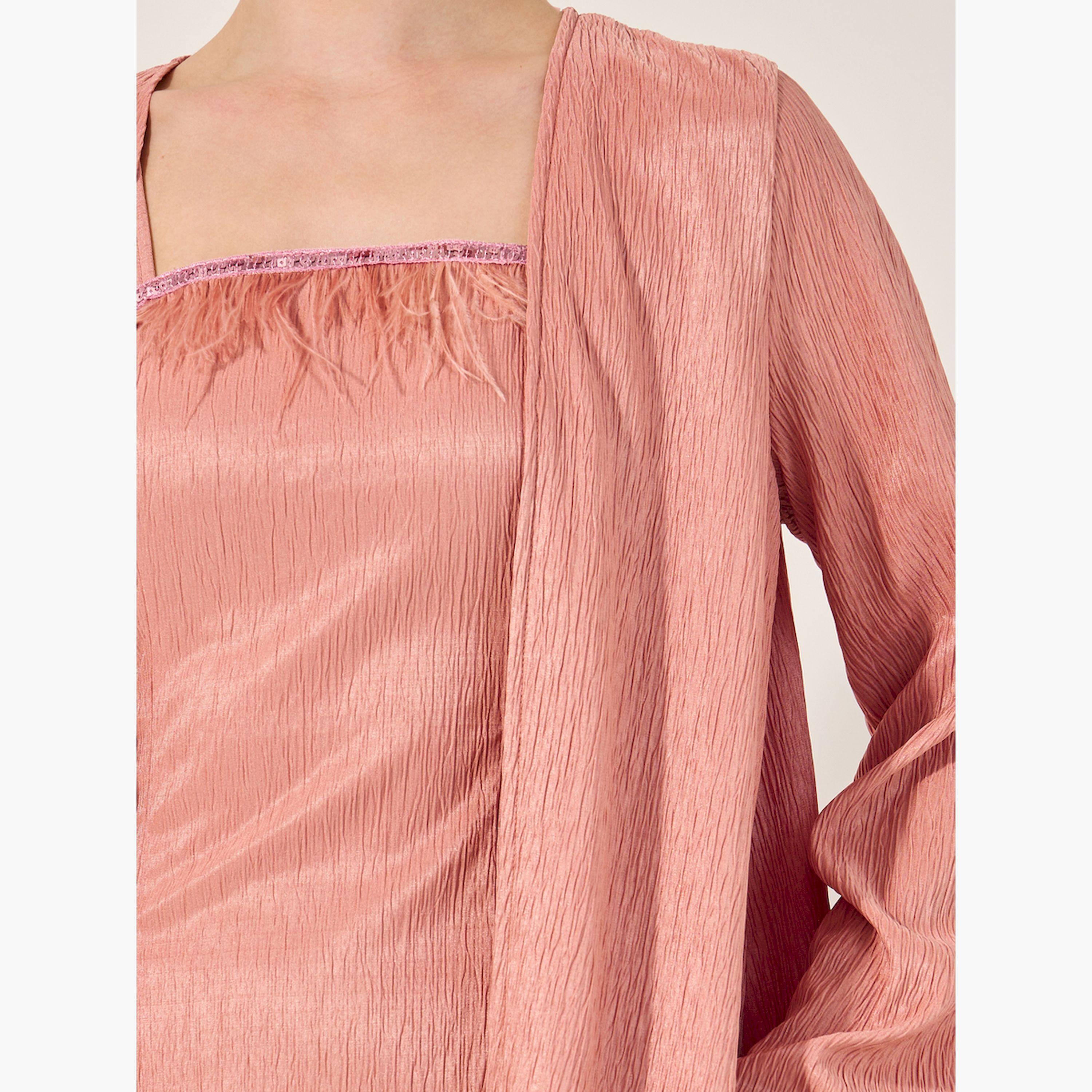 ستايلي - عباية أنيقة مع فستان داخلي بحواف ريش-women-arabicclothing-sets-image-3