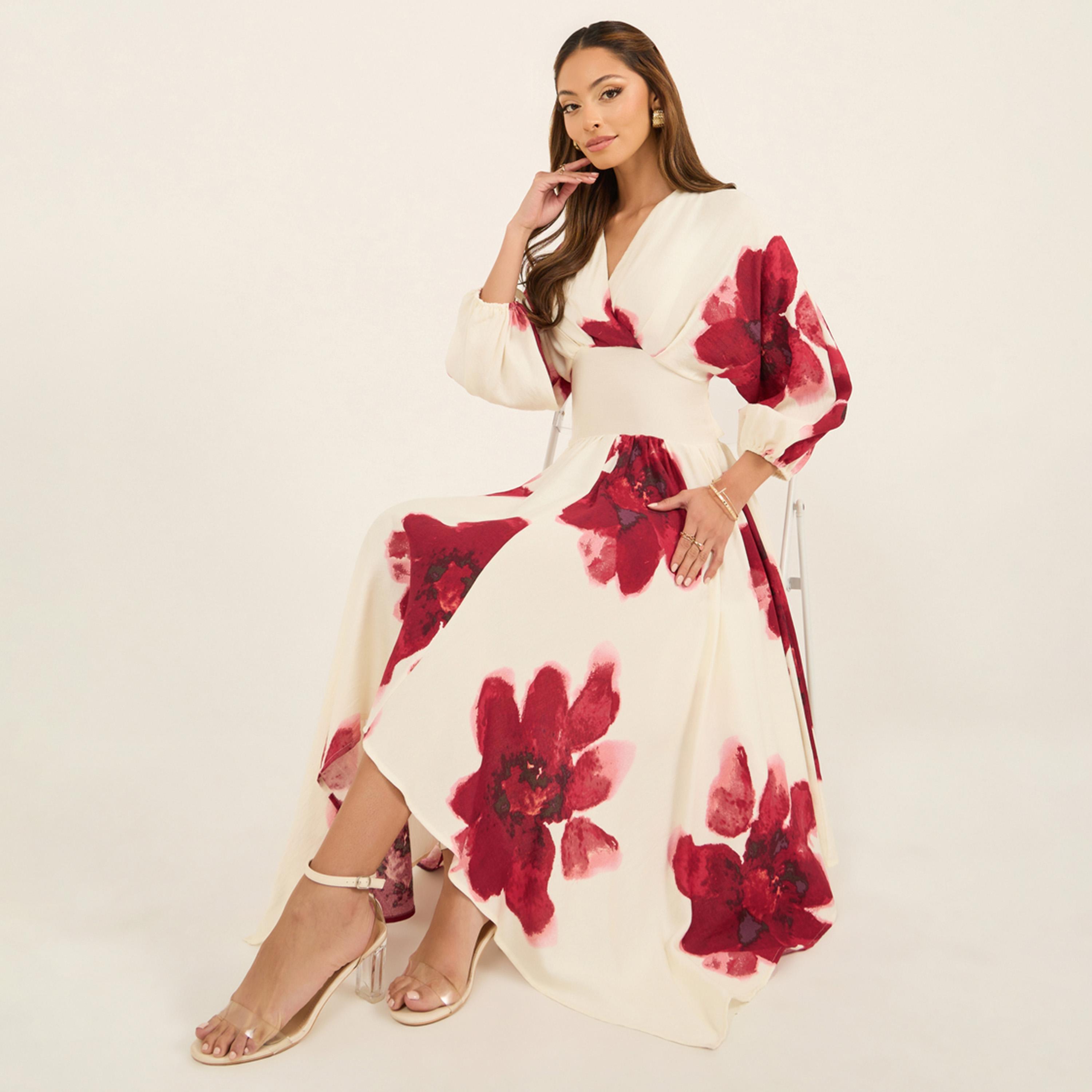 Styli Printed V-Neck A-Line Midi Dress-women-clothing-dresses-image-1